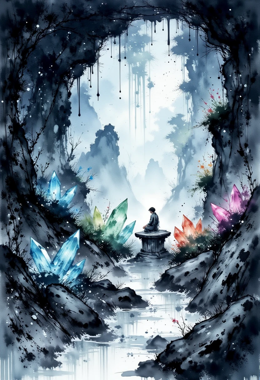 Hidden behind a cascading waterfall rendered in flowing, translucent watercolor layers is a cavern filled with luminous crystals that radiate soft hues of blue, green, and violet. The cavern walls, detailed with ink-drawn veins of rock and minerals, shimmer faintly in the glowing light. Pools of still, clear water reflect the radiant crystals and the faint, silvery mist drifting through the air. At the center of the cavern stands an ancient altar covered in moss and delicate vines painted in soft watercolor gradients. A faint figure, glowing with ethereal light, kneels before the altar, as though seeking wisdom or power from the cavern’s ancient energy.