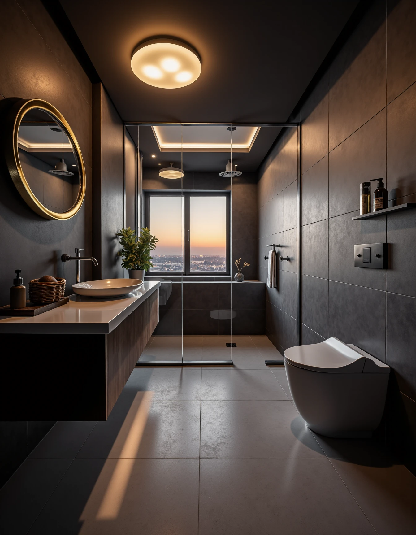 <lora:JJsBathroom_Flux:1> ,(bathroom)), indoors, scenery, ceiling light,dramatic lighting, aucet, no humans, plant, scenery, sink, tile wall, toilet, window, sky,, photography, capturing moments, storytelling, creative composition