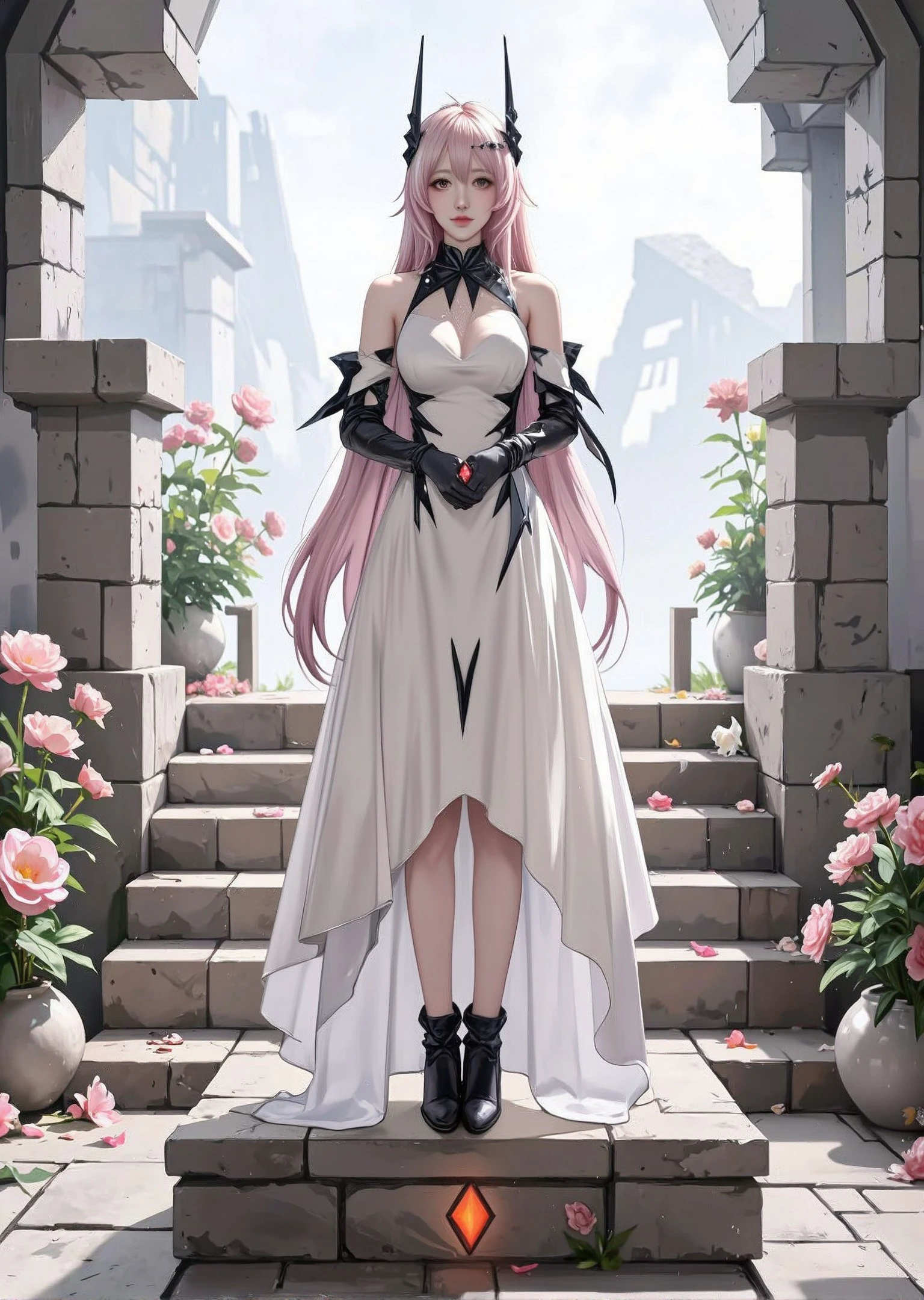 <lora:theresa-from-arknights-fluxv1:1.75> theresa
Theresa stands poised on a pedestal amidst a dilapidated stone structure, framed by scattered flowers in an ethereal fantasy setting. The digital illustration, captured from a frontal camera angle, emphasizes intricate details and a soft, dreamlike atmosphere. Theresa, appearing in her early twenties, has long, flowing hair cascading down her back, complementing her slender physique. Her serious expression and neutral gaze are directed straight at the viewer, conveying a sense of calm authority.
She wears a white dress with black accents, featuring a high-low hemline that reveals her bare shoulders and creates an elegant silhouette. Black gloves and boots add a contrasting edge to her refined appearance, while a red gem gleams on her chest as an understated accessory. Theresa's hands are clasped in front of her, further highlighting the subtle details of her outfit. The lighting in the image is soft and diffused, casting gentle shadows that accentuate the scene's otherworldly beauty.
Surrounded by the ruins, stairs, and vibrant flowers, Theresa's presence dominates the composition, blending the fragility of the setting with her dignified stance. This captivating portrayal balances strength and grace, capturing the essence of her character in a single, striking moment.