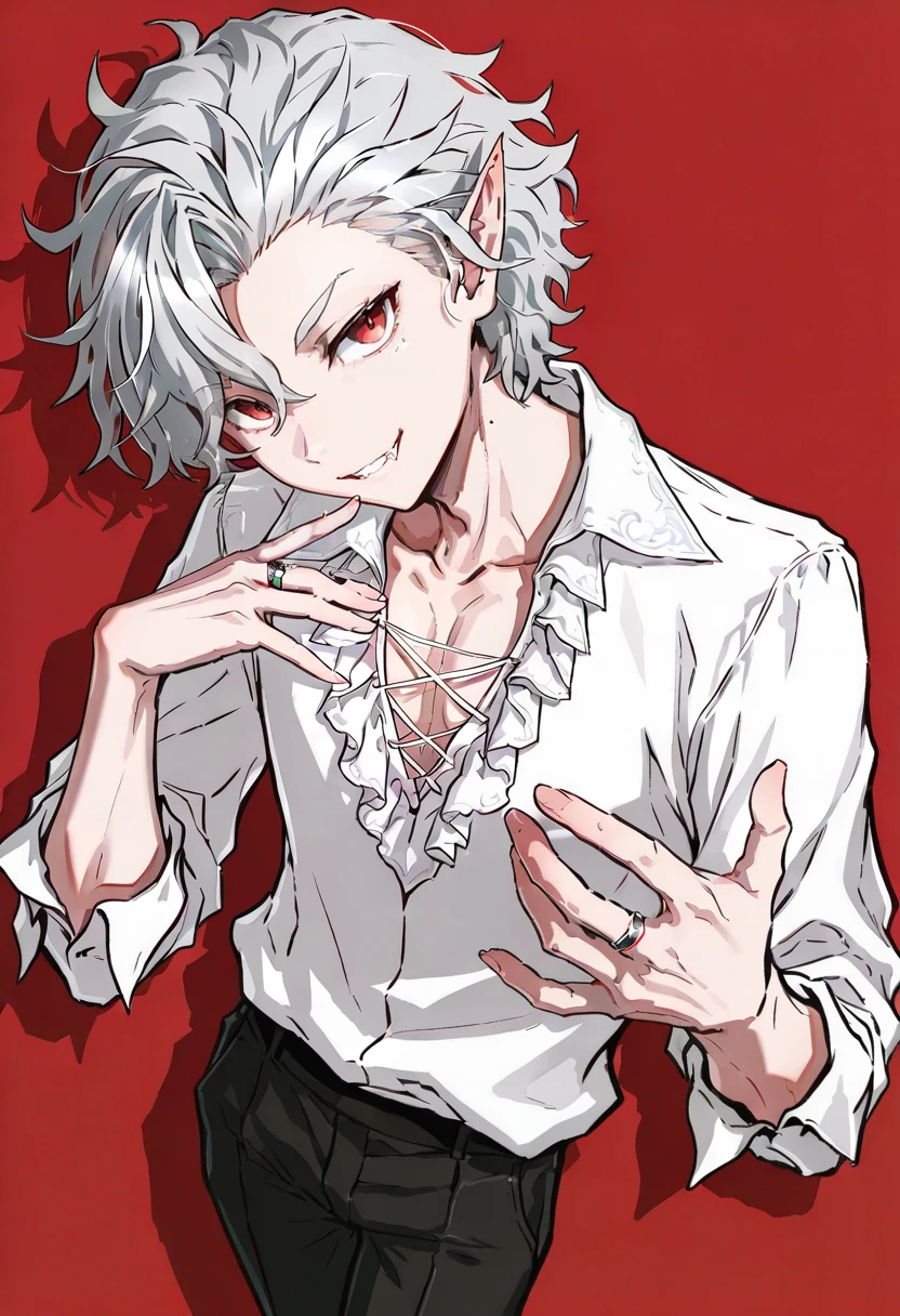 astarion, red eyes, 1boy, male focus, vampire, pointy ears, solo,  fangs, mole, smile, ring, looking at viewer, grey hair, pants, shirt, takanashi kei (hitsujikan)