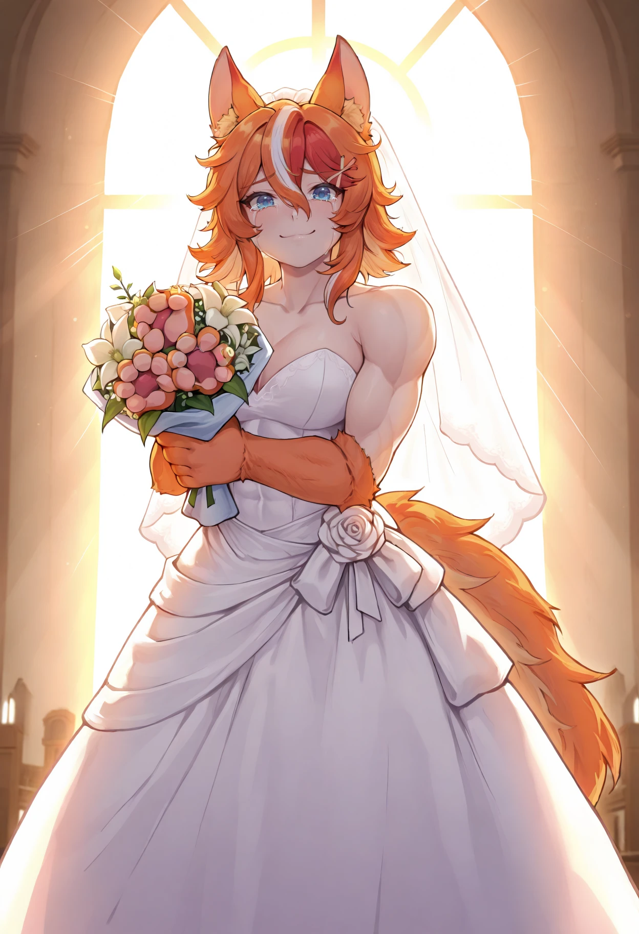 masterpiece, best quality, 1girl, solo, ChamBuPu, blue eyes, multicolored hair, medium hair, animal ears, x hair ornament, animal hands, tail, muscular female, wedding dress, bridal veil, looking at viewer, happy tears, bouquet, holding bouquet, indoors, church, backlighting, sunbeam, smile, <lora:ChamBuffpupIllustriousXL:1>