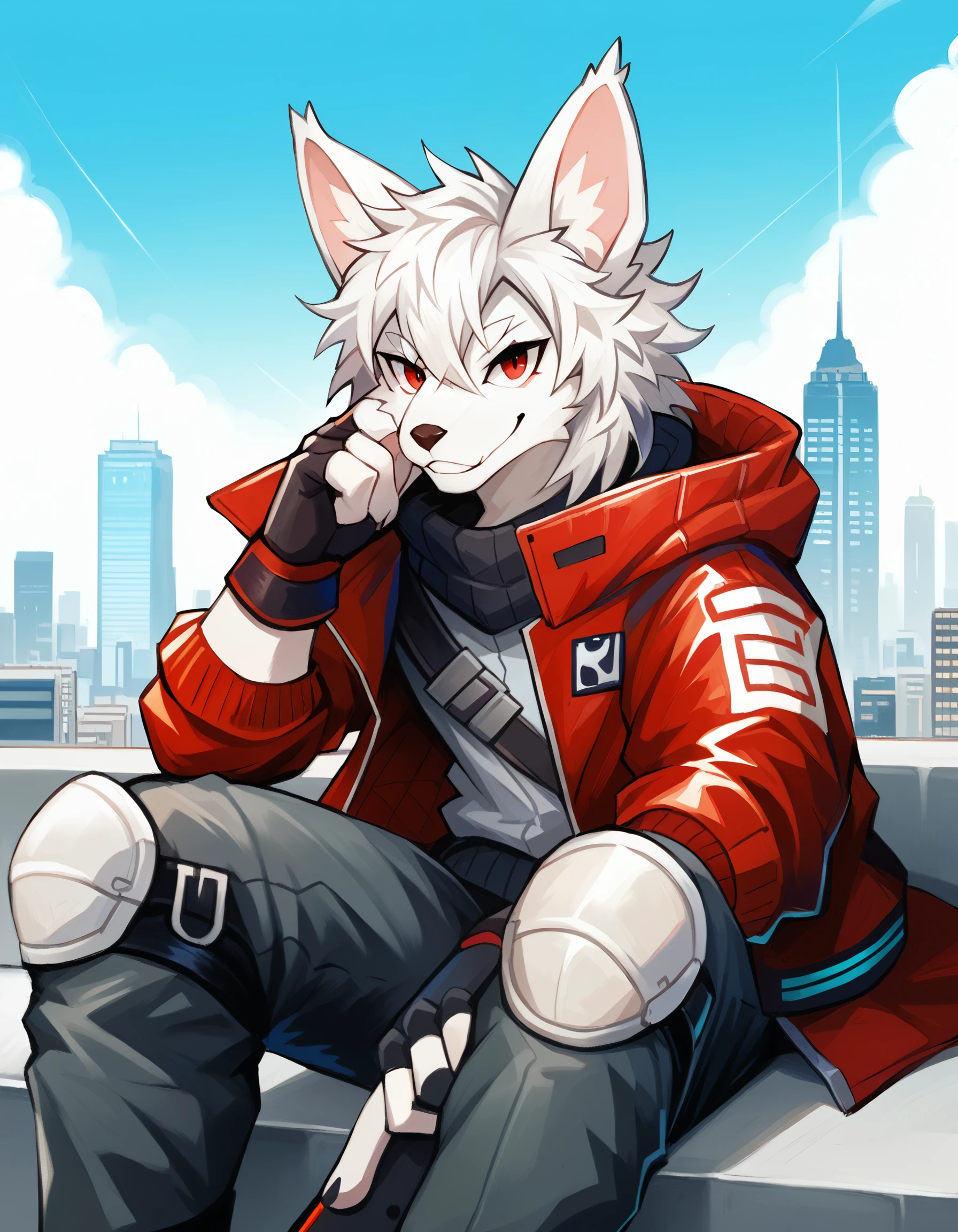 score_9, score_8_up, score_7_up, high quality, hires, by plive, furry, anthro, seductive, looking at viewer, detailed background, <lora:Plive_Artist_Style.safetensors:1.2>, (close up, By Plive, 1boy, male focus, solo, animal ears, furry male, jacket, furry, sitting, red eyes, smile, white hair, pants, red jacket, knee pads, sky, gloves, city, fingerless gloves, cityscape:1.15)