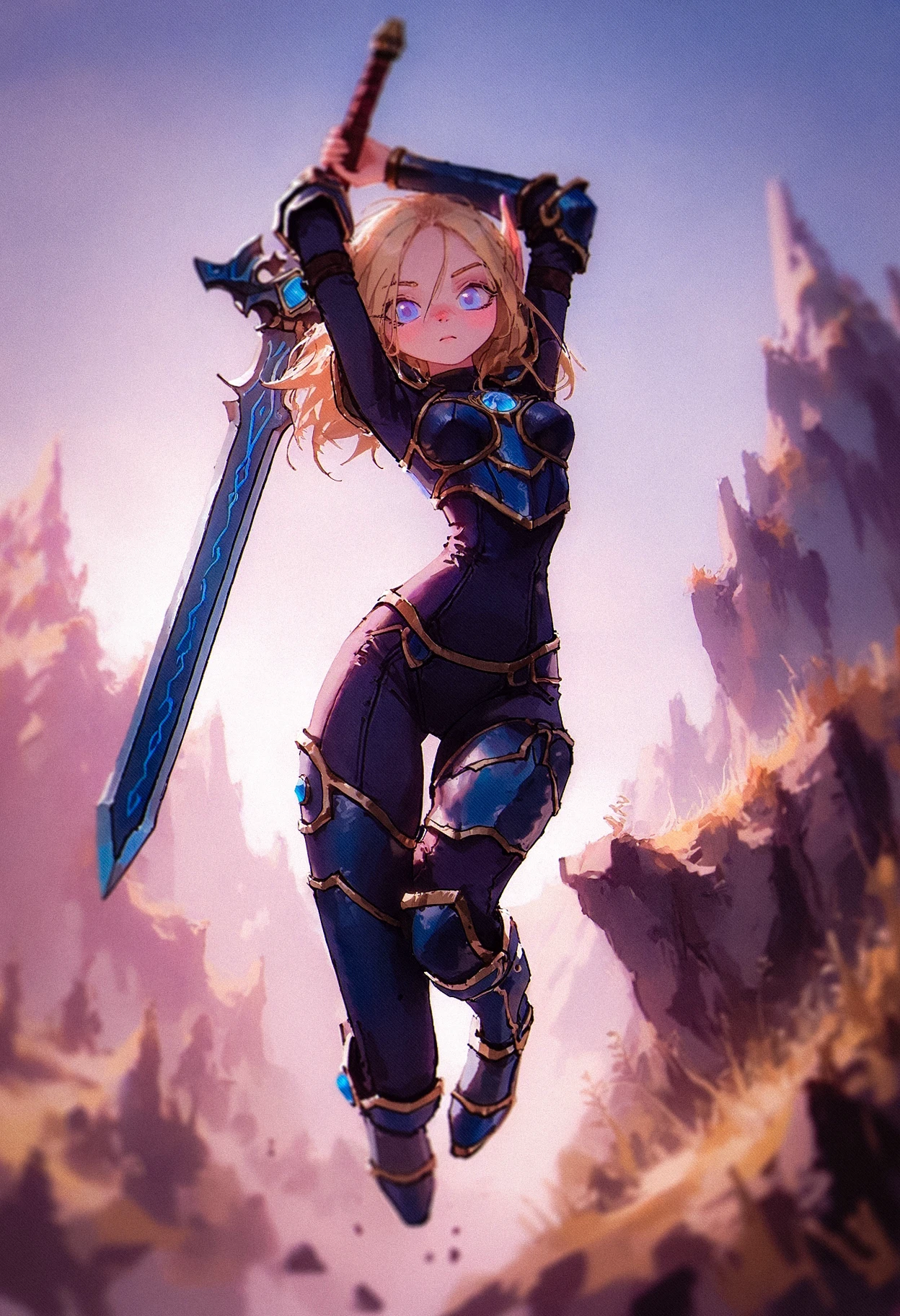 (reddizen:1.15), 
masterpiece, best quality, amazing quality,
dynamic pose, (jumping:1.2), (from below:1.2), arched back, looking at viewer,
solo, player character \(wow\), 1girl \(warcraft\), (narrow waist:1.2), (thick thighs:1.1), skinny, small breasts, wearing armor in style of world of warcraft, game art, in world of warcraft location,
arms above head, knee up, leaning back, holding sword, two-handed sword, (midair:1.2), levitation, 
ultra-detailed, textured, 
<lora:WSSKX_WAI:0.7> <lora:tsubura-wai:0.8>  <lora:NOOB_vp1_detailer_by_volnovik_v1:0.7>  <lora:ponyv6_noobV1_2_adamW:0.3> <lora:USNR STYLE_XL_loha:0.3> usnr,