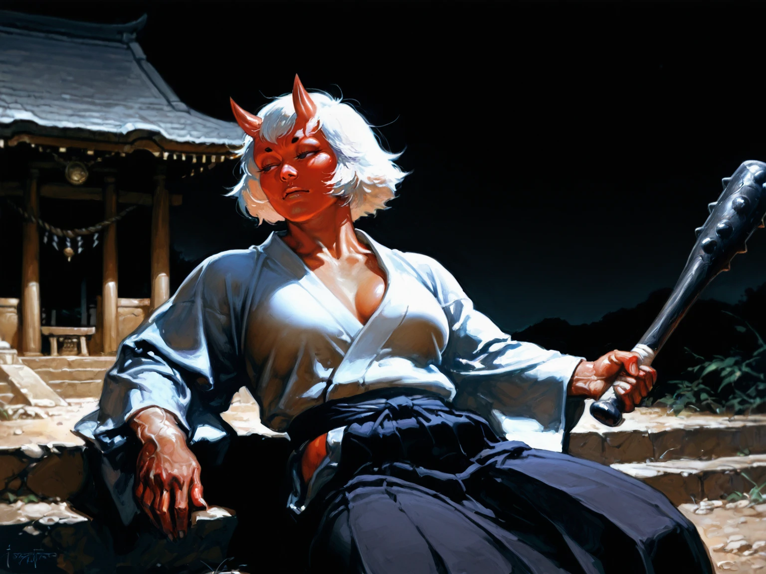 <lora:FrankFrazzetaXLV6:0.35>,
white hair, dot eyes, oni, oni horns, reclining, looking to the side, half-closed eyes, japanese clothes, muscular female, bara, holding one club(weapon), temple, outdoors, solo, night, upper body,
, 5 fingers, <lora:FrankFrazettaIL_r2:0.6>, realistic