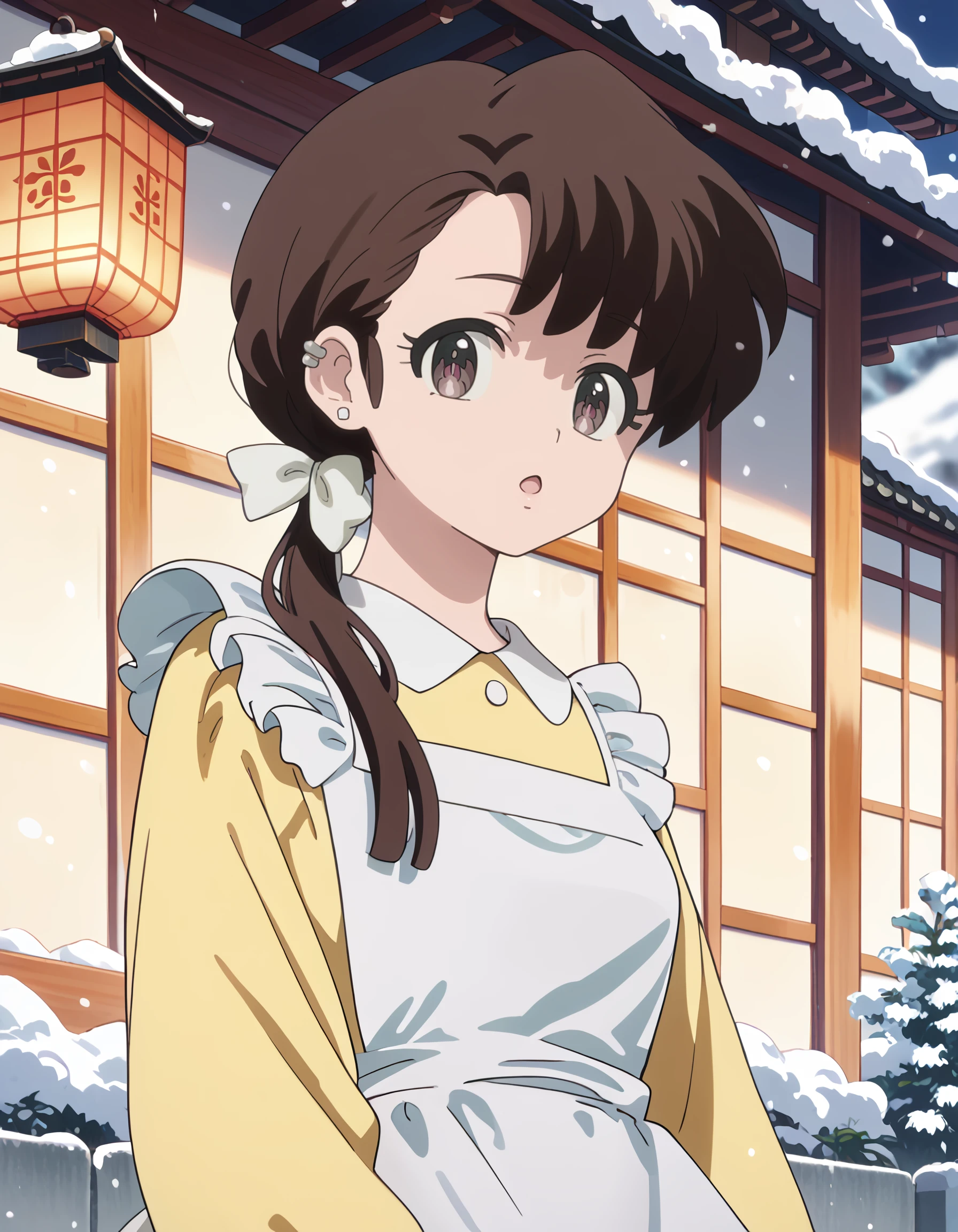 <lora:kasumi_tendou_pony:1> score_9, score_8_up, score_7_up, source_anime, rating:safe, kasumi_tendou, long_hair, brown_hair, ponytail, low_ponytail, white_bow, hair_bow, brown_eyes, long_sleeves, yellow_dress, white_apron, 1girl, architecture, blurry, blurry_background, bright_pupils, ear_piercing, east_asian_architecture, lantern, looking_at_viewer, obi, obiage, obijime, open_mouth, outdoors, paper_lantern, piercing, snow, solo, standing, upper_body, white_pupils, lens_flare, floating_hair, floating_clothes, masterpiece, detailed, best_quality