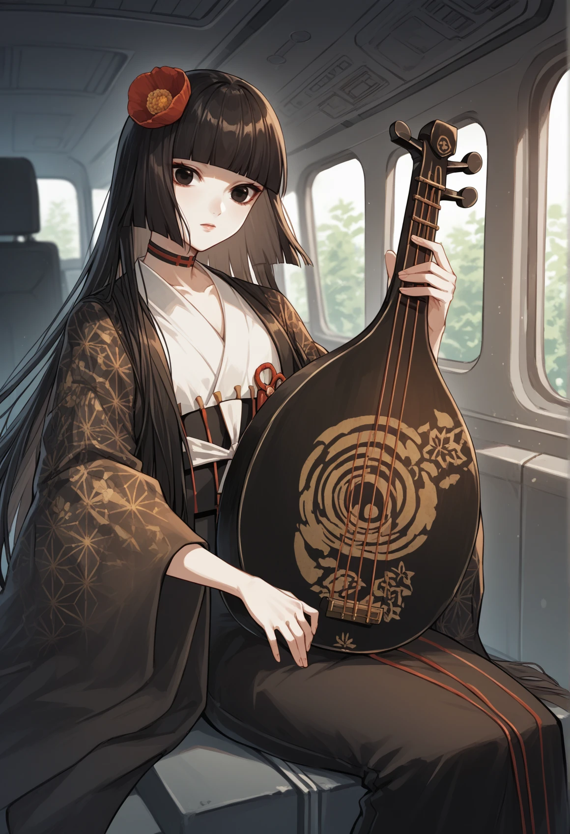 1girl, solo, indoors, spacecraft interior, pale skin, long hair, black hair, black eyes, hime cut, hair ornament, hair flower, blunt bangs, choker, japanese clothes, kimono, black kimono, white shirt, obi, wide sleeves, holding instrument <lora:Komahime_pony_v2:1>, score_9, score_8_up, score_7_up, score_6_up, score_5_up, score_4_up, BREAK source_anime, masterpiece