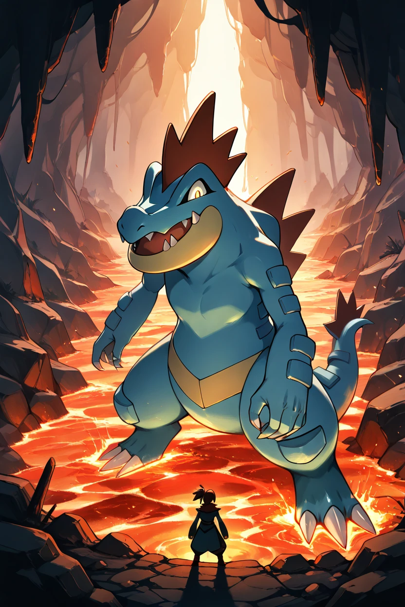 masterpiece, best quality,  zzferaligatr, claws, yellow eyes, sharp teeth, emerging from a lava-filled cavern, heat waves distorting its figure, magma bubbling in the background, glowing molten claws, ash and embers floating in the air, fearsome and unstoppable       ,<lora:FeraligatrPokedexIXL:1.0>,