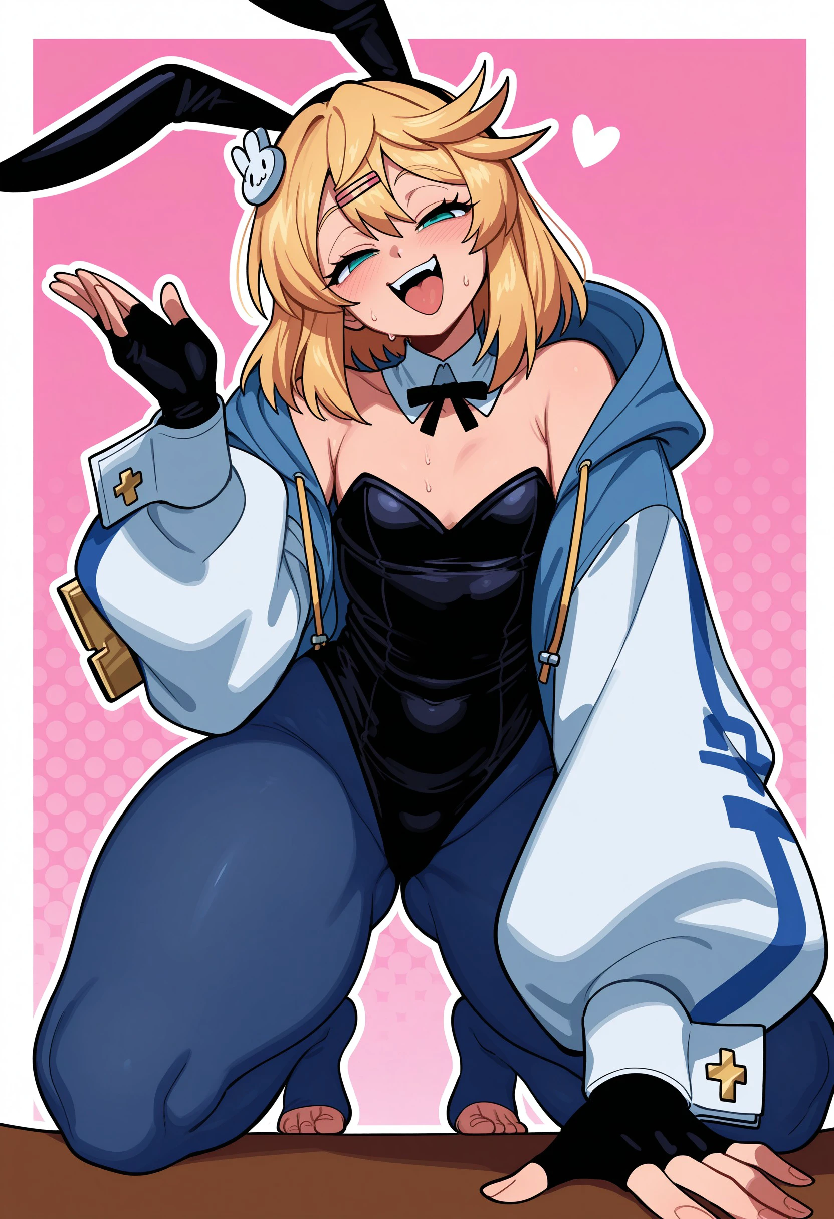 (masterpiece), best quality, expressive eyes, (best quality, ultra-high res), (intricate details), dynamic pose, (sharp focus), abstract, abstract, heart, polka_dot_background , outside_border
1boy, otoko no ko, blonde hair, solo, aqua eyes, long sleeves, hooded jacket,( hood down:1.2), blush, bangs, blue jacket, open jacket, on table, on desk, (femboydom), busty boy, excessive sweat, steaming body, bridget (guilty gear), medium hair, puffy long sleeves, fingerless gloves, wide hips
animal_ears,( nontraditional playboy bunny:1.3), blue pantyhose, lop rabbit ears, detached_collar, wrist_cuffs, fake_animal_ears, fishnets, strapless leotard, rabbit hair ornament, hairclip,
toeless legwear, open mouth,( smile, naughty face, half closed eyes, air puff:1.2), adapted costume
arm support, hand up, head tilt, kneeling,( leaning forward:1.3), from below, (perspective, foreshortening:1.4)
by nanika /(nnkgh/), by nanika /(nnkgh/), , <lora:9ae4b06d-95ee-43cd-b9ce-61473040c875:0.9>