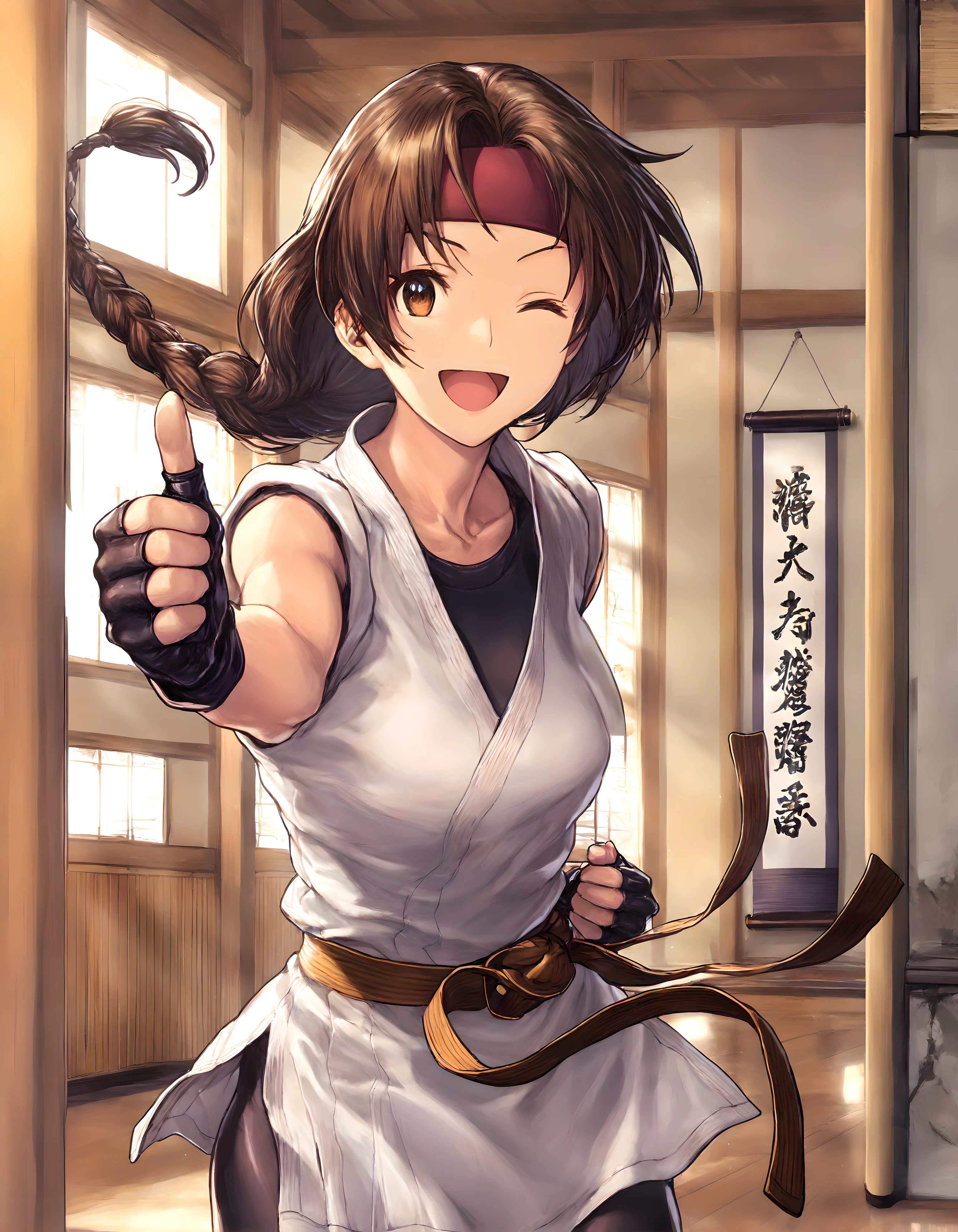 <lora:illustrious_XL_sakazaki:1>,sakazaki,masterpiece,best quality,good quality,1girl,solo,red headband,single braid,dougi,collarbone,sleeveless,fingerless gloves,martial arts belt,spandex,thumbs_up,reach towards the screen,day,indoor,dojo,Hanging scroll,cowboy_shot,looking_at_viewer,;d,