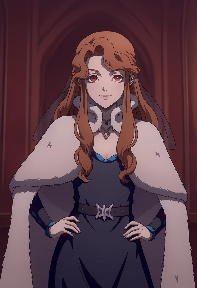 masterpiece, best quality, amazing quality, very aesthetic, intricate details, depth of field, cel shading, pinup, BREAK.
indoors, inside,
looking at viewer, smile,
BREAK.
standing, contrapposto, hands on own ,
portrait, cowboy shot, front view, facing viewer, straight-on,
BREAK.
black dress, long dress, long sleeves, fur trim, fur cloak, brown footwear, belt, veil, BREAK.
<lora:Lenore_ILXL_v1:1>, 1girl, solo, pale skin, vampire, fangs, pointy ears, red eyes, brown hair, long hair, sidelocks, parted bangs, wavy hair, braid, jewelry, necklace, ear piercing,