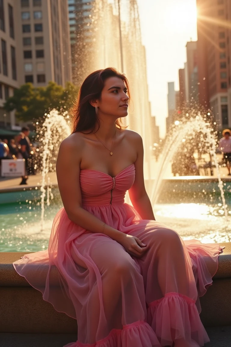Portrait shot of HortyUnderscore. she's in the street NYC, dressed in beautiful long dress strapless frill transparent, sitting at the edge of a magnificent fountain, golden hours. film grain, The analog aesthetic, captured on Fujicolor Superia X-TRA 400 film