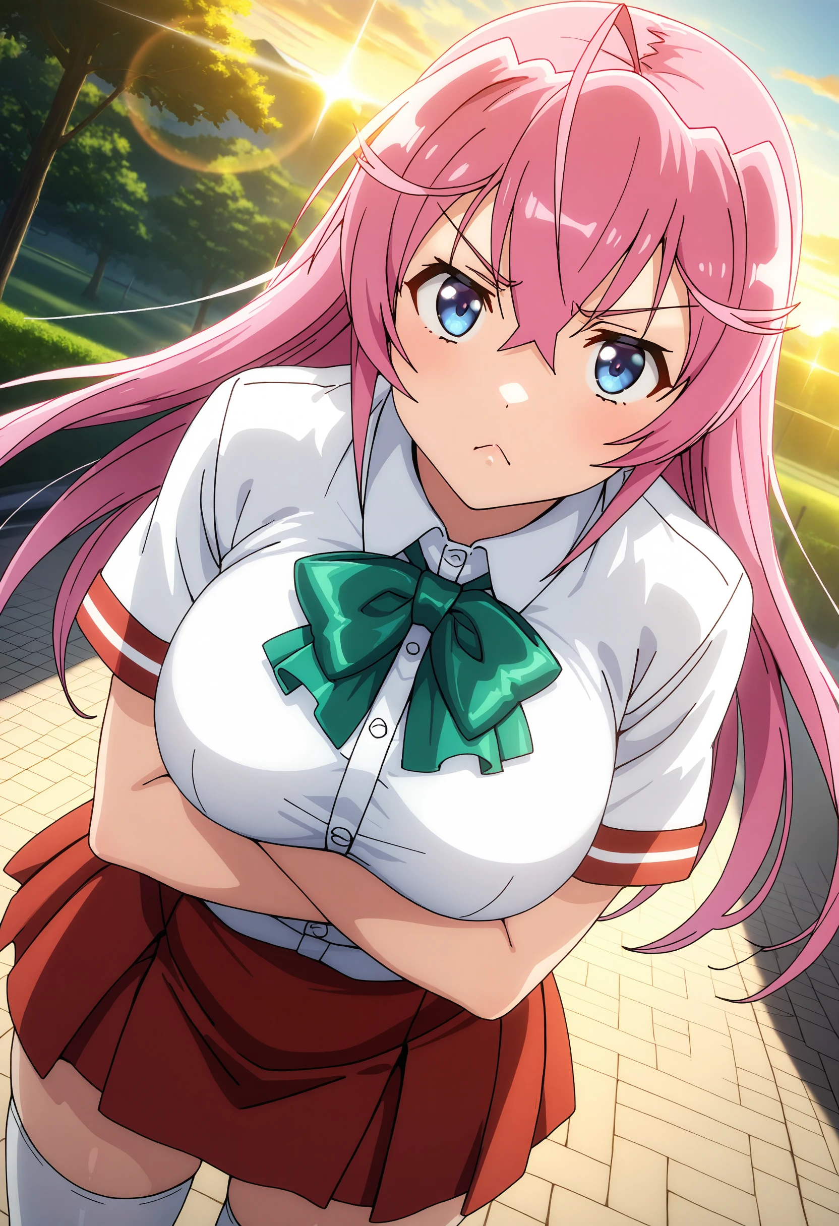best quality, masterpiece, anime_screencap, hi res, best_quality, very aesthetic, absurdres, 8k, otmn, 1girl, female_focus, ahoge,
large breasts,
happy, looking at viewer, pouting, pouty_lips, v-shaped_eyebrows,
crossed_arms, school uniform, short sleeves, green bow, red skirt, white thighhighs,
cowboy shot, dutch angle, fantasy, outdoors, noon, beautiful lighting, ray traced, diffraction spikes, lens flare, beautiful sky, park