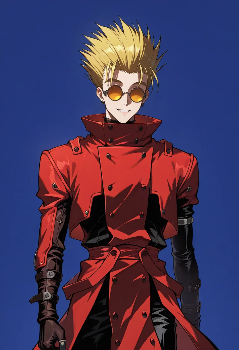 (attentive:1.2), masterpiece,best quality,amazing quality,very aesthetic,absurdres,newest,<lora:dark:1>, <lora:Vash_the_Stampede_Trigun:1>, simple background, yellow round glasses covered eyes, red cape, yellow hair, vash, smiling, man