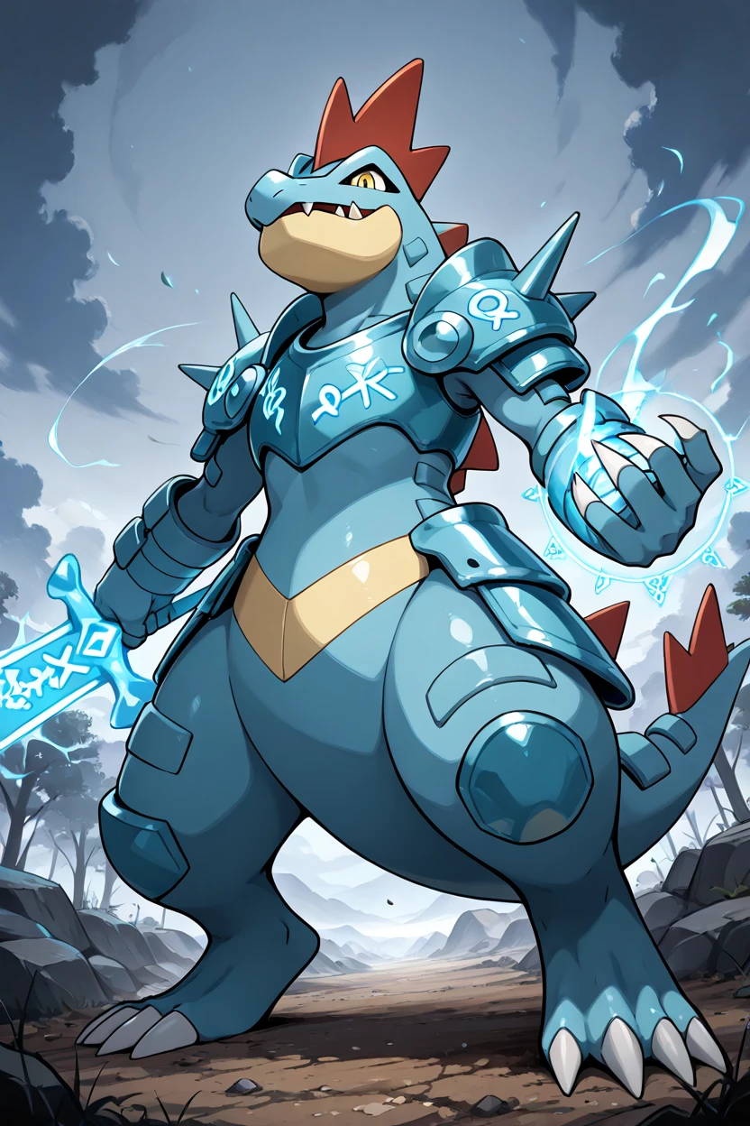 masterpiece, best quality, 32k, high resolution, absurdres,  zzferaligatr, claws, yellow eyes, sharp teeth, wearing ornate enchanted armor glowing with blue runes, a massive sword crackling with energy in one claw, standing on a battlefield under a stormy sky, magical aura radiating around its body, victorious and noble      ,<lora:FeraligatrPokedexIXL:1.0>,