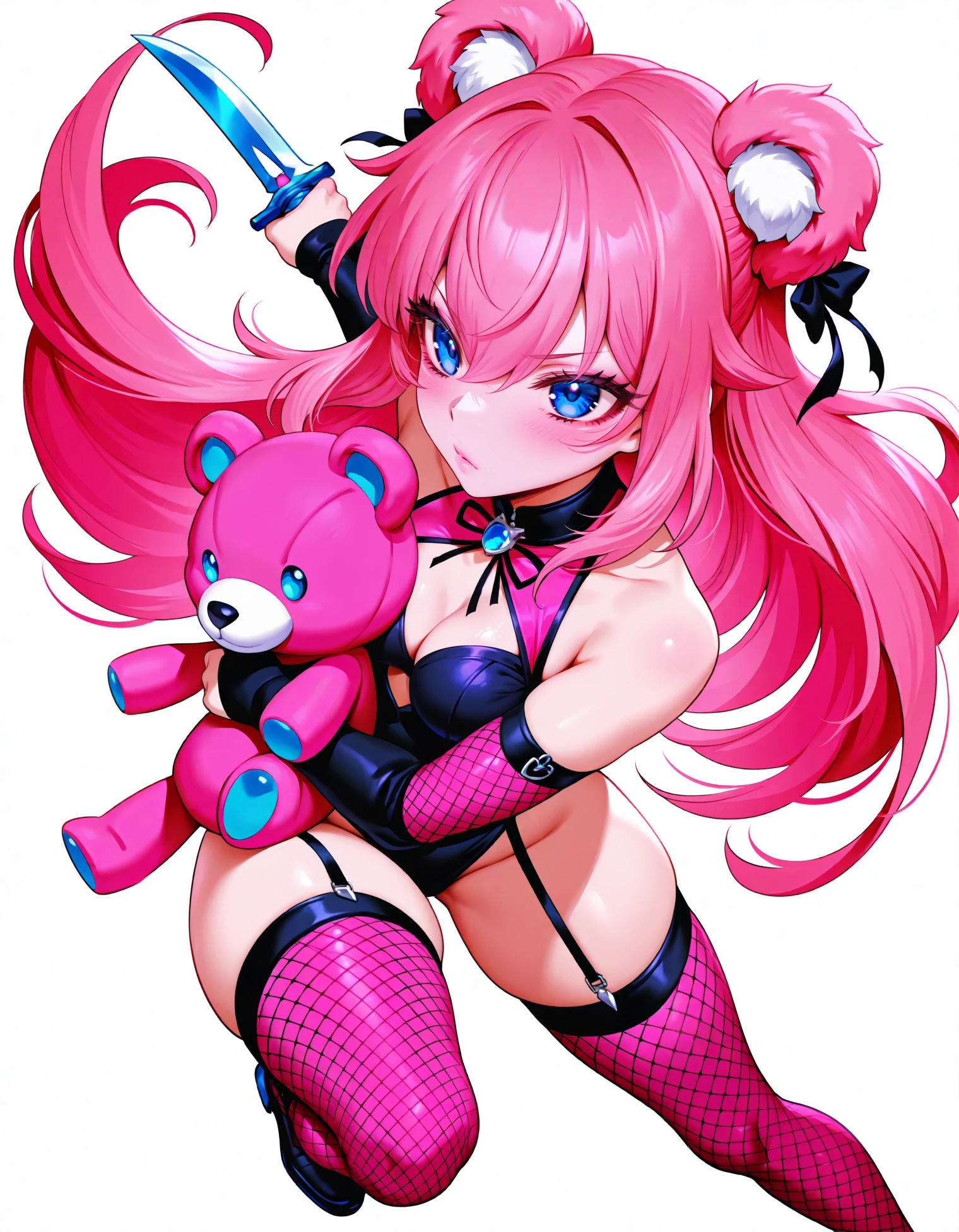  Mdastarou, 1girl, solo, long hair, pink hair, aino megumi, bangs, holding dagger, fighting stance, blue eyes, long eyelashes, fishnet thighhighs, teddy bear, pink spot color, black spot color, white background
