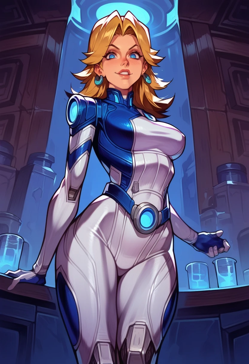 score_9, score_8_up, score_7_up, score_6_up, expressiveh, invisiblewoman_rivals, 1girl, solo, blonde hair, long hair, eyeliner, blue eyes, earrings, bodysuit, white bodysuit, white clothes, gloves, belt, blue details, looking at viewer, detailed background, posing, dynamic angle, dynamic pose, godrays, dynamic light, dramatic light, sexy pose, seductive pose, smile, seductive smile, perfect body, sexy, seductive, looking at viewer, cropped, cowboy shot,sexy pose, seductive pose, biting lips, horny, slut, leaning forward, leaning in, from below, breasts focus, <lora:[GP] somethingweird [Pony XL]:1> indoors, laboratory, hi-tech facility, technology, futuristic, futuristic lab equipment, white lights,  <lora:Invisible_Woman_Marvel_Rivals_-_PonyXL:0.7>