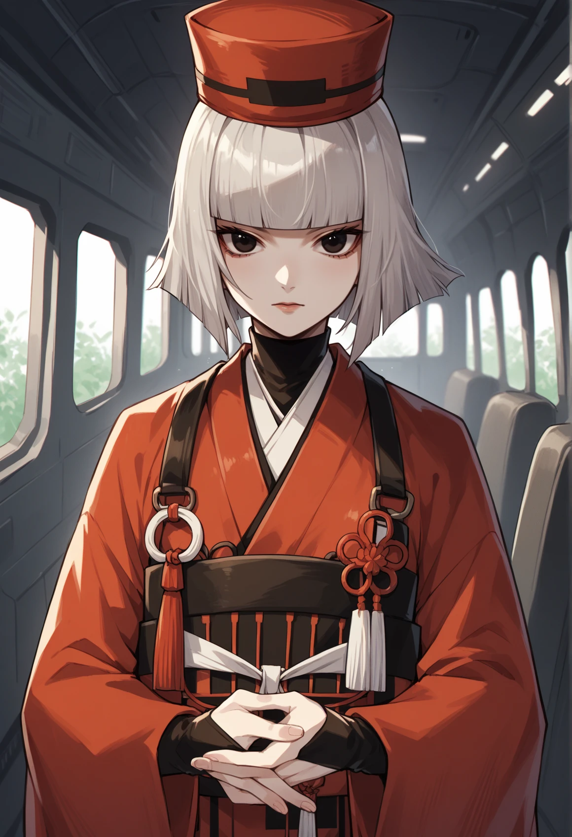 1girl, solo, indoors, spacecraft interior, pale skin, short hair, grey hair, black eyes, bob cut, japanese clothes, kimono, red kimono, sash, long sleeves, wide sleeves, bridal gauntlets, red hat, <lora:Komahime_pony_v2:1>, score_9, score_8_up, score_7_up, score_6_up, score_5_up, score_4_up, BREAK source_anime, masterpiece