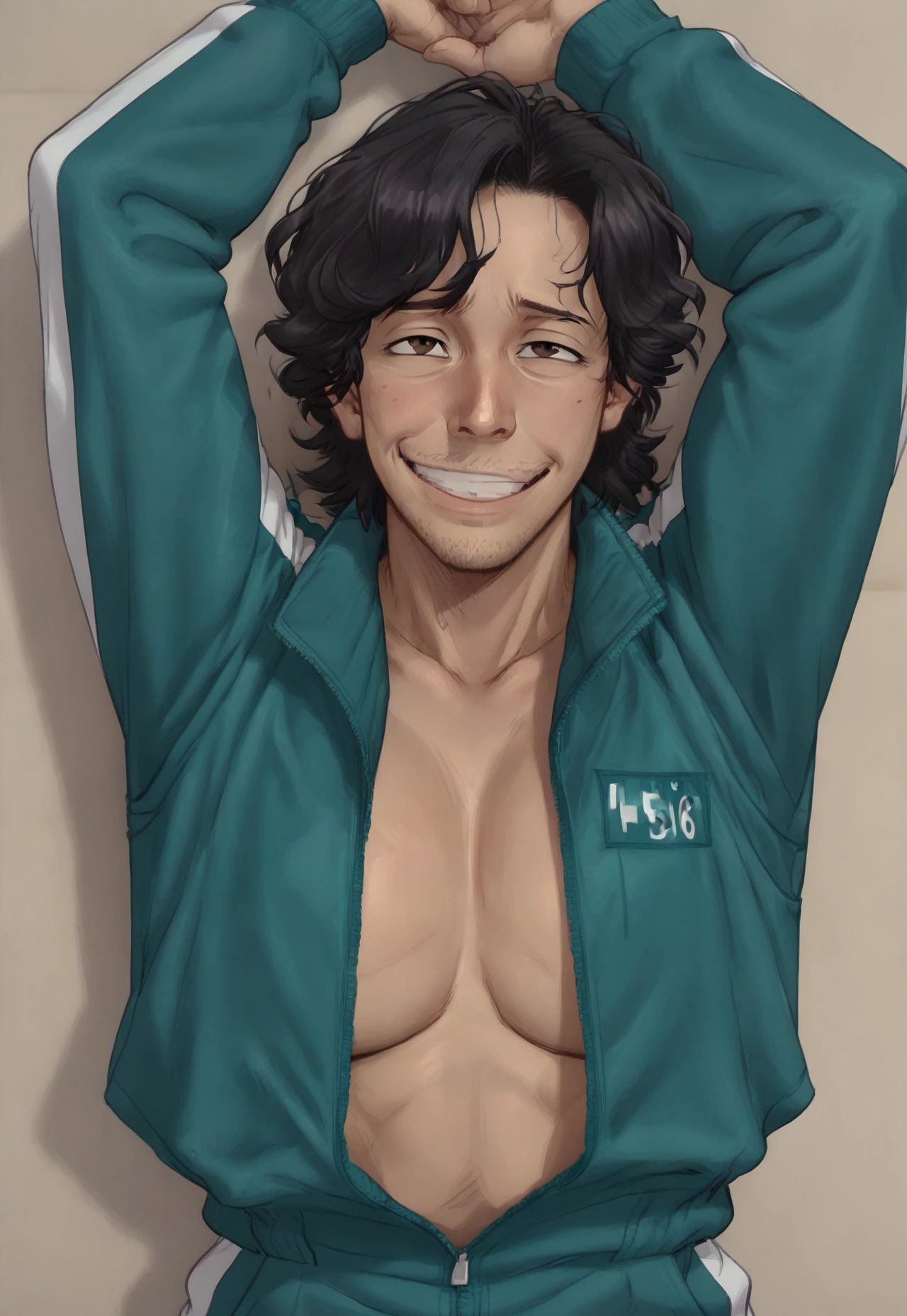 Seong Gi-hun, Black hair, stubble beared, middle age, Medium Hair, Brown eyes, Male, Track suit, open jacket, solo, no shirt under jacket, big pecs, awkward smile, hands pinned up above head, 