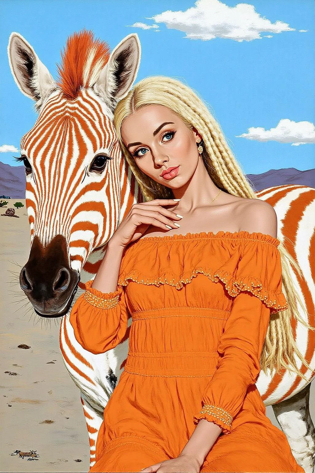 kard1 illustration. 
a woman and a zebra against a vast, arid landscape under a bright, sunny sky. The woman, with long, flowing dreadlocks dyed in a gradient from white to a vibrant orange, is dressed in an off-shoulder, long-sleeved, orange dress made of a textured fabric that appears to be a blend of cotton and silk. The dress has a ruffled hem and intricate embroidery along the neckline and sleeves. She is leaning affectionately against the zebra, which has striking white and orange stripes, creating a harmonious blend of colors. The zebra's mane is also dyed orange, matching the woman's hair. The woman's skin tone is light, and her eyes are accentuated with subtle makeup, giving her a natural yet striking appearance. The background consists of a vast, sunlit landscape with dry, sandy terrain and sparse vegetation, indicating a desert environment. The sky is mostly clear with a few scattered clouds, suggesting a bright, clear day. <lora:kard1_cap_d6a3:1.0><lora:816557155374170091:0>