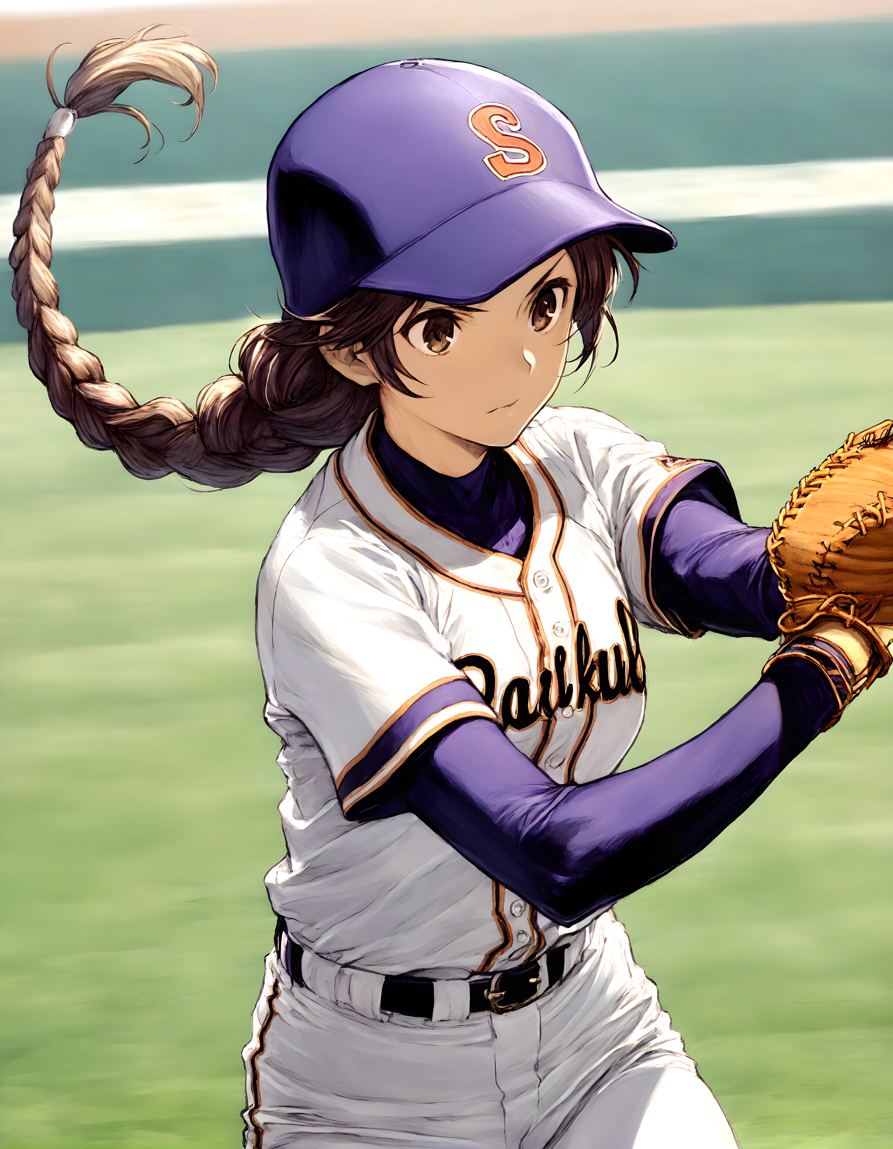 <lora:illustrious_XL_sakazaki:0.9>,sakazaki,masterpiece,best quality,good quality,1girl,solo,single braid,baseball_uniform,playing softball,day,ballpark,