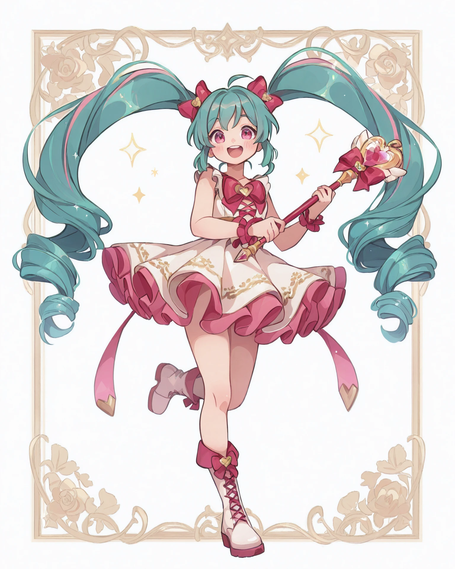 1girl, magal, teal hair, pink streaks in hair, pink eyes, blush, dancing, standing on one leg, holding magal staff, boots, happy, ribbons, very detailed clothing, magal clothing, glittering roses, jacquard fabric, sparkles, detailed frame, masterpiece, highest quality, absurdres, digital art, very detailed,   <lora:MagicalGirl_Illustrious:1.1>,  <lora:Midnight1111_H34RTBL00M:1> h34rtbl00m