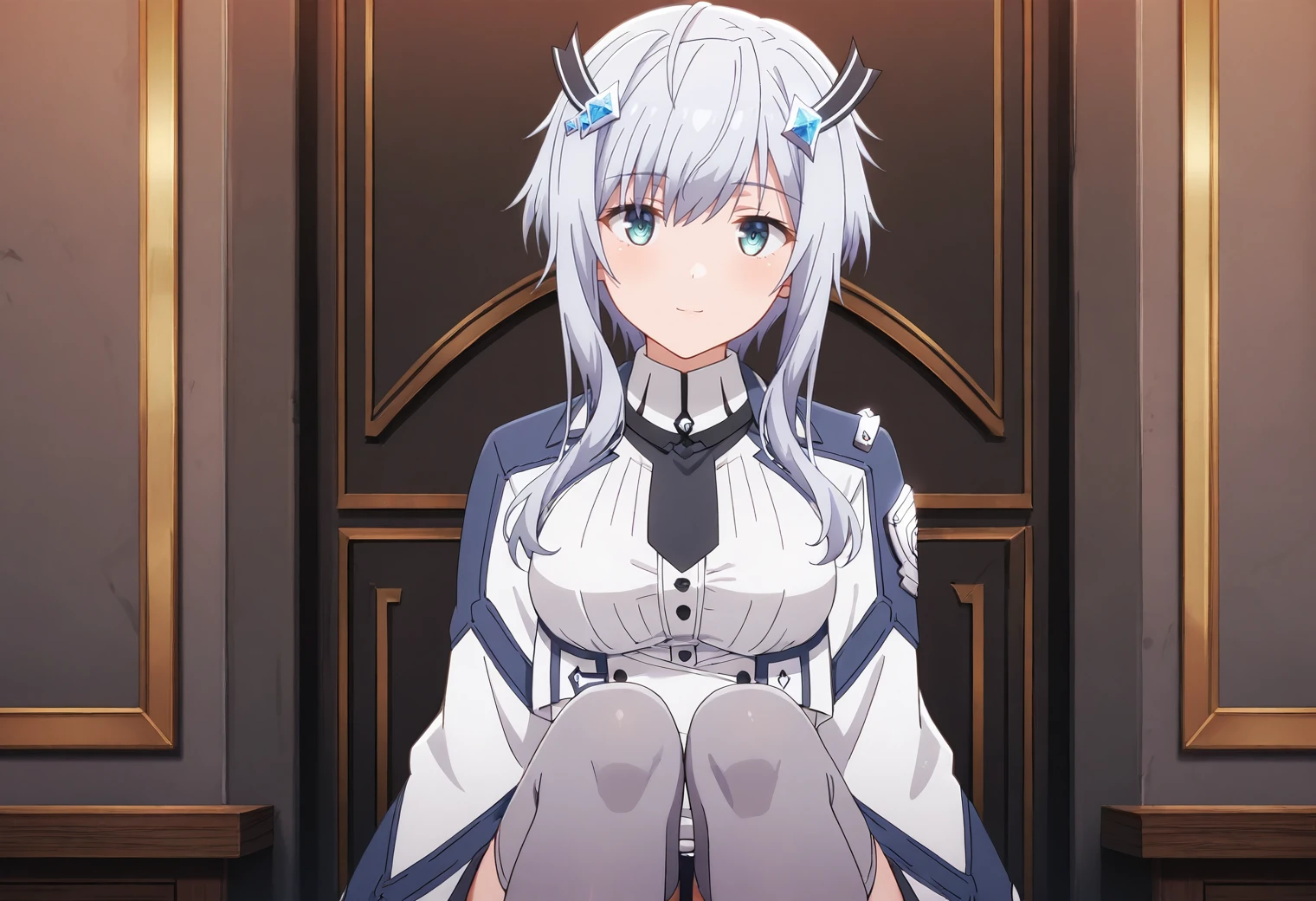 MishaNecron, 1girl, short hair with long locks, hair ornament, sidelocks, grey hair, grey thighhighs, white dress, uniform, <lora:MishaNecron-4-4-Illustrious:0.85>, looking at viewer, light smile, masterpiece, best quality, 8k, high resolution