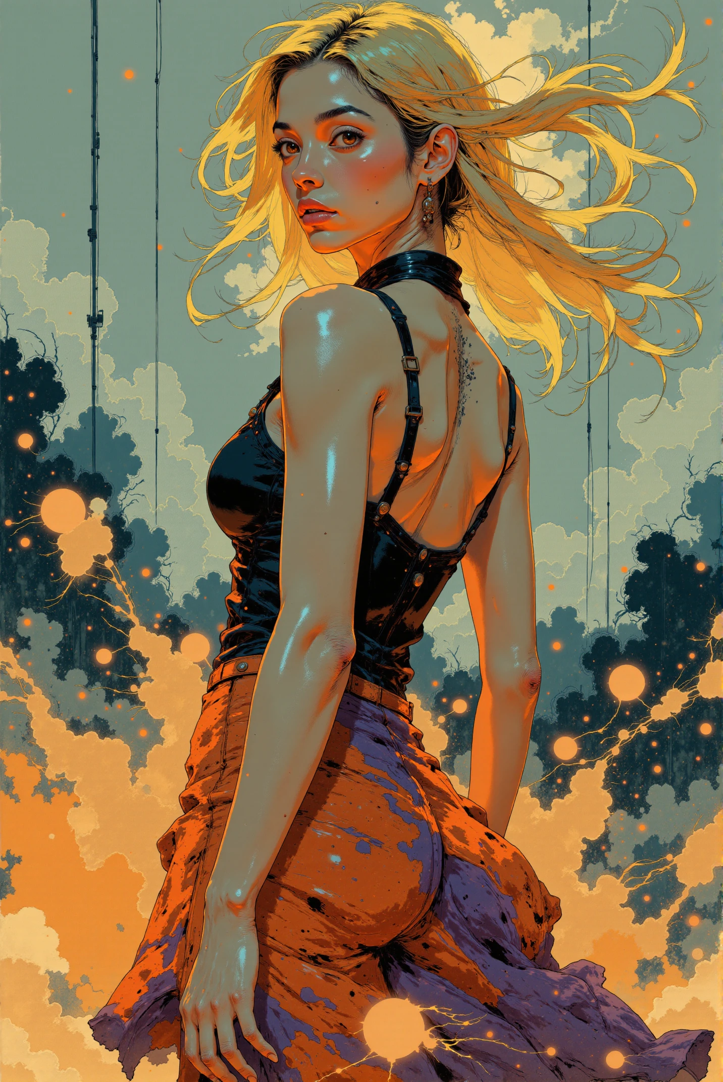 <lora:Fancha_style_v.5:0.99> Fancha style. This digital hyperrealistic painting features a striking portrait of a woman rendered in a dynamic and expressive watercolor style. The woman is captured mid-turn, her flowing blonde hair caught in motion, sweeping gracefully across her shoulders. The soft, fluid brushstrokes accentuate the movement, giving her an ethereal, almost dreamlike quality. Her dress, a vibrant swirl of colorsâranging from deep reds to purples and warm yellowsâblends seamlessly with the abstract splashes of paint around her, as though the colors are emanating from her very presence. Her expression is confident, with her gaze directed toward the viewer, exuding a sense of intrigue and allure. The subtle details in her face, particularly her bright red lips and carefully defined features, contrast beautifully with the loose, flowing nature of the rest of the composition. The low back of her dress adds an element of sophistication, as the darker tones of the bodice contrast with the colorful, swirling fabric of the skirt. The background, painted in deep, smoky hues of blue, black, and orange, creates a dramatic contrast with the lightness of her figure, making her appear as though she is emerging from a mist of abstract color. The soft blending of colors and the splashes of paint give the impression of energy and movement, as if the scene is alive with emotion and fluidity. The overall artistic style is both modern and impressionistic, using watercolor techniques to create a sense of spontaneity and elegance. The bold use of color and light highlights her presence, while the expressive brush-work and soft edges evoke a sense of freedom and creativity, making the portrait as much about mood as it is about form.
