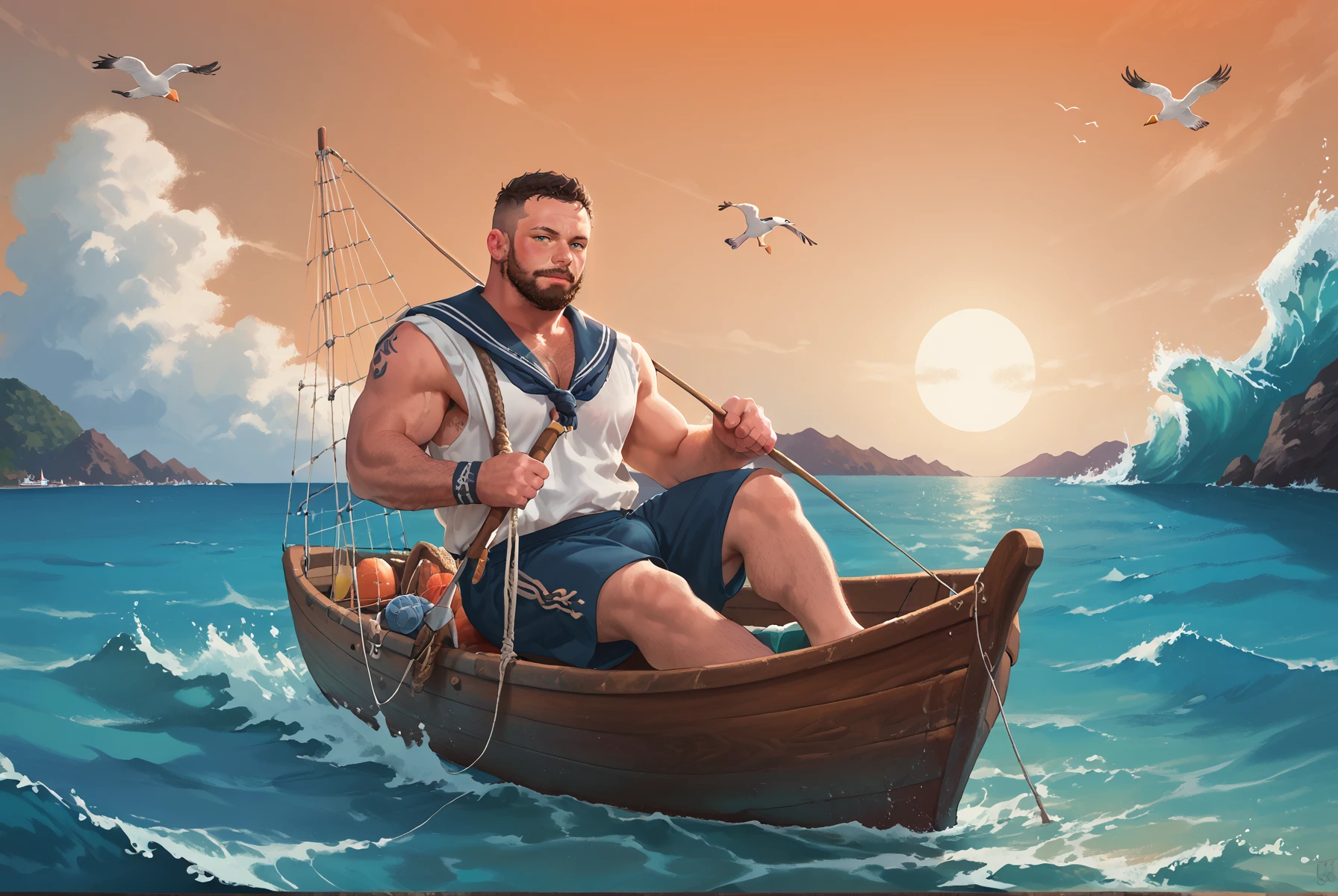 score_9, score_8_up, score_7_up, score_6_up, uncensored, In a coastal village surrounded by large crowd multiple boys, sailors and fishermen, wearing rugged clothes, carrying fishing nets, wooden boats in the background, ocean waves crashing, sunset glow reflecting on the water, bustling harbor, seagulls flying above, weathered wooden docks, salty air, maritime ambiance.<lora:fantasy_painterly_lkt_style:0.25> fantasy painterly, bulge <lora:ZoroJ:0.65> zoroj, male_only, bara, gay <lora:style_lora:0.1> <lora:Hot_Daddy:0.8> hotdad, miles, facial hair, short hair, chest hair