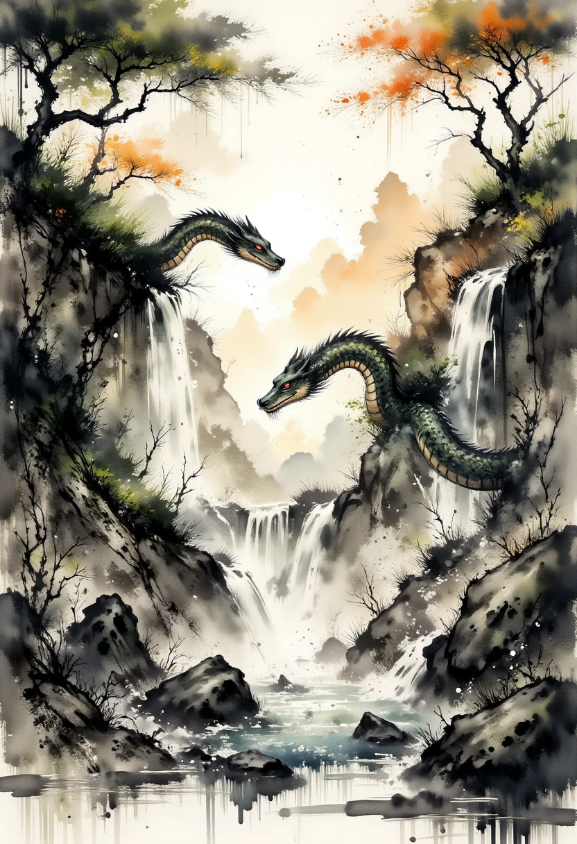 A massive, coiling serpent with scales painted in shimmering watercolor shades of teal and gold emerges from the base of a sacred waterfall, its form partially obscured by the cascading ink-brushed water. The serpent’s eyes glow with an otherworldly light, and its body moves gracefully through the mist-filled air. The waterfall flows into a calm pool surrounded by smooth, mossy stones, reflecting the serpent’s vibrant colors and the soft, golden hues of the setting sun. In the background, ink-drawn trees with twisting branches frame the scene, their roots blending seamlessly into the rocky terrain.