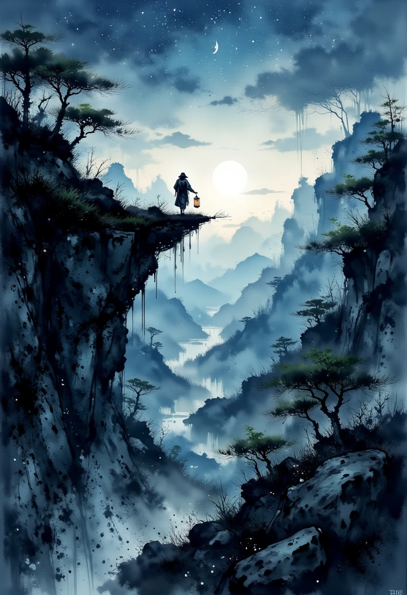 A lone figure cloaked in dark, flowing robes walks along a winding path carved into the edge of a steep mountain cliff. They carry an ornate lantern glowing with a soft amber light, illuminating the ink-brushed pine trees lining the path. Below, a vast valley stretches into the distance, its watercolor-painted depths blending deep indigo and teal with the soft silvery mist of the midnight hour. The crescent moon hangs low in the sky, casting faint shadows on the rocky terrain. Small glowing orbs of light float gently around the figure, following them as though drawn to their presence. The atmosphere is both serene and foreboding, capturing the tension of a mystical quest.