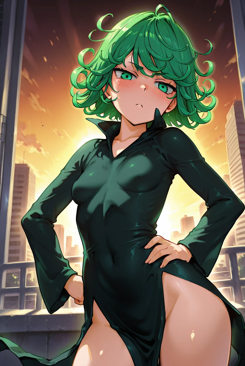 1girl, short green hair, ((Black Dress, sitting, crossed feet, feet focus, tsundere, thights, in armchair, Classroom, view from bottom)), curvy figure, overlooking the city, blusher, afternoon break 

(((Masterpiece))), ((highly detailed character)), ((Perfect eyes)), ((a perfect face)), ((Best Quality)), ((perfect arms)), High Resolution, Highly detailed image, thick thights, Erotica, the sweat, wet skin beautiful background, voluminous lighting,