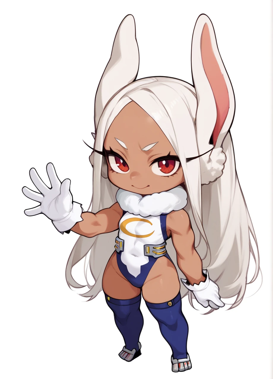 1girl, solo, full body, chibi, waving, white background, dark skin, white hair, long hair, red eyes, long eyelashes, rabbit girl, defmirko, mirkosuit, leotard, white gloves, fur collar, blue thighhighs <lora:BNHA_Mirko-PONY:0.8>, score_8_up, score_7_up, score_6_up, score_5_up, score_4_up,