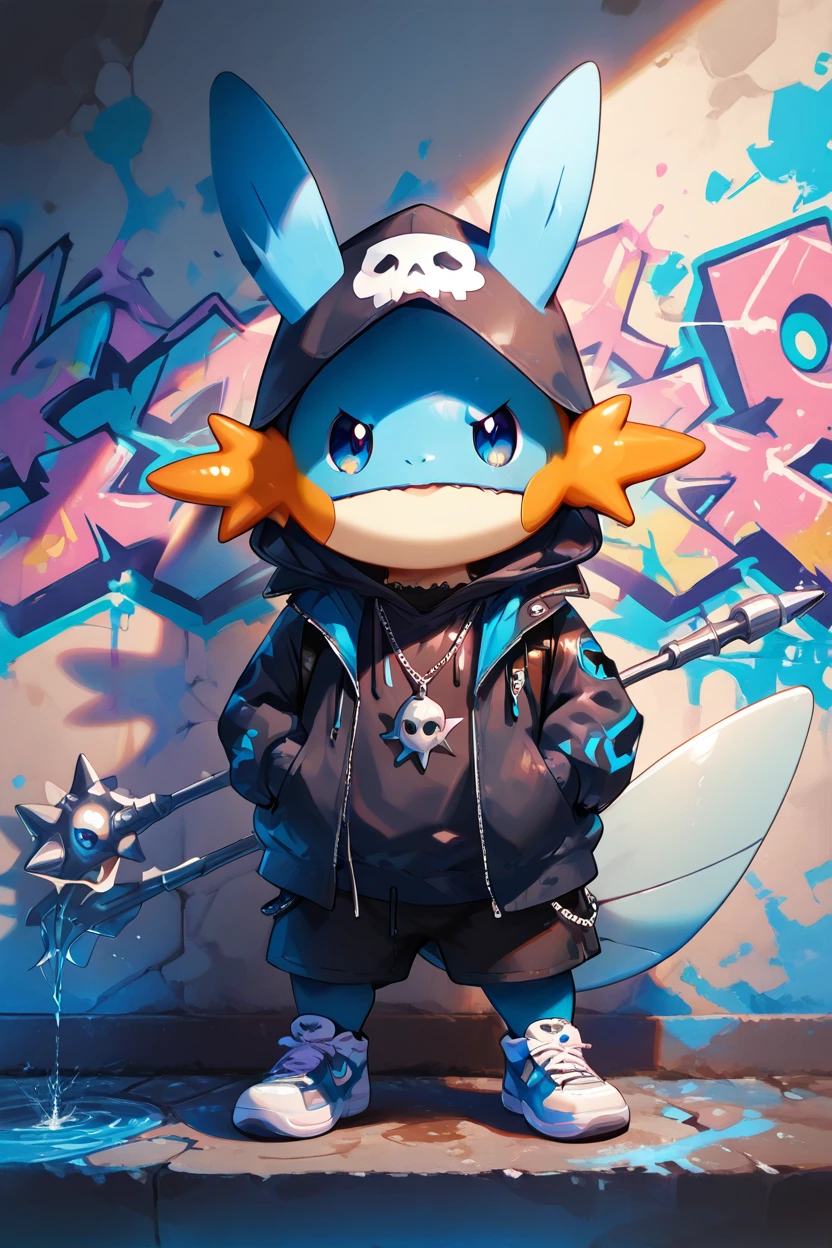 masterpiece, best quality,  zzmudkip, <lora:MudkipPokedexIXL:1.0>, solo, looking at viewer, playful expression, glowing blue eyes, long sleeves, standing, jacket, full body, open clothes, hood, no humans, hoodie, sneakers, hooded jacket, hood up, zipper, zipper pull tab, graffiti, water splashes, chain necklace, glowing fins  ,<lora:PunkPokemonIXL:1.0>,