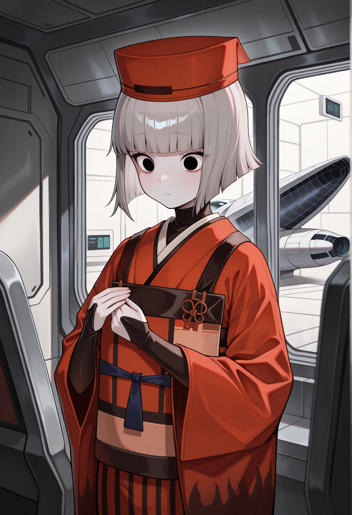 1girl, solo, indoors, spacecraft interior, pale skin, short hair, grey hair, black eyes, bob cut, japanese clothes, kimono, red kimono, sash, long sleeves, wide sleeves, bridal gauntlets, red hat <lora:komahime_illus:1>, masterpiece, best quality, amazing quality, very aesthetic, absurdres, highres, newest