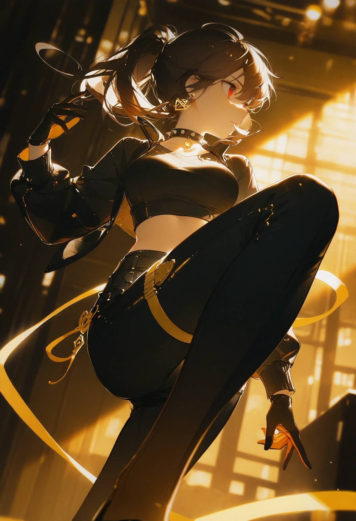 (96yottea:1.2), (tianliang duohe fangdongye:1.2) ask \(askzy\),
newest, masterpiece, best quality, absurdres, highres,
contrapposto, (dynamic angle, dynamic pose:1.2), dutch angle,
looking away,
1girl, solo, black pants, medium breasts, black gloves, jewelry earrings, brown hair, ponytail, crop top, tight, long sleeves, red eyes, thigh strap, black choker, spiked choker,
yellow theme, glowing sunlight,
<lora:WSSKX_WAI:0.8>
<lora:ponyv6_vpred6:0.3>
