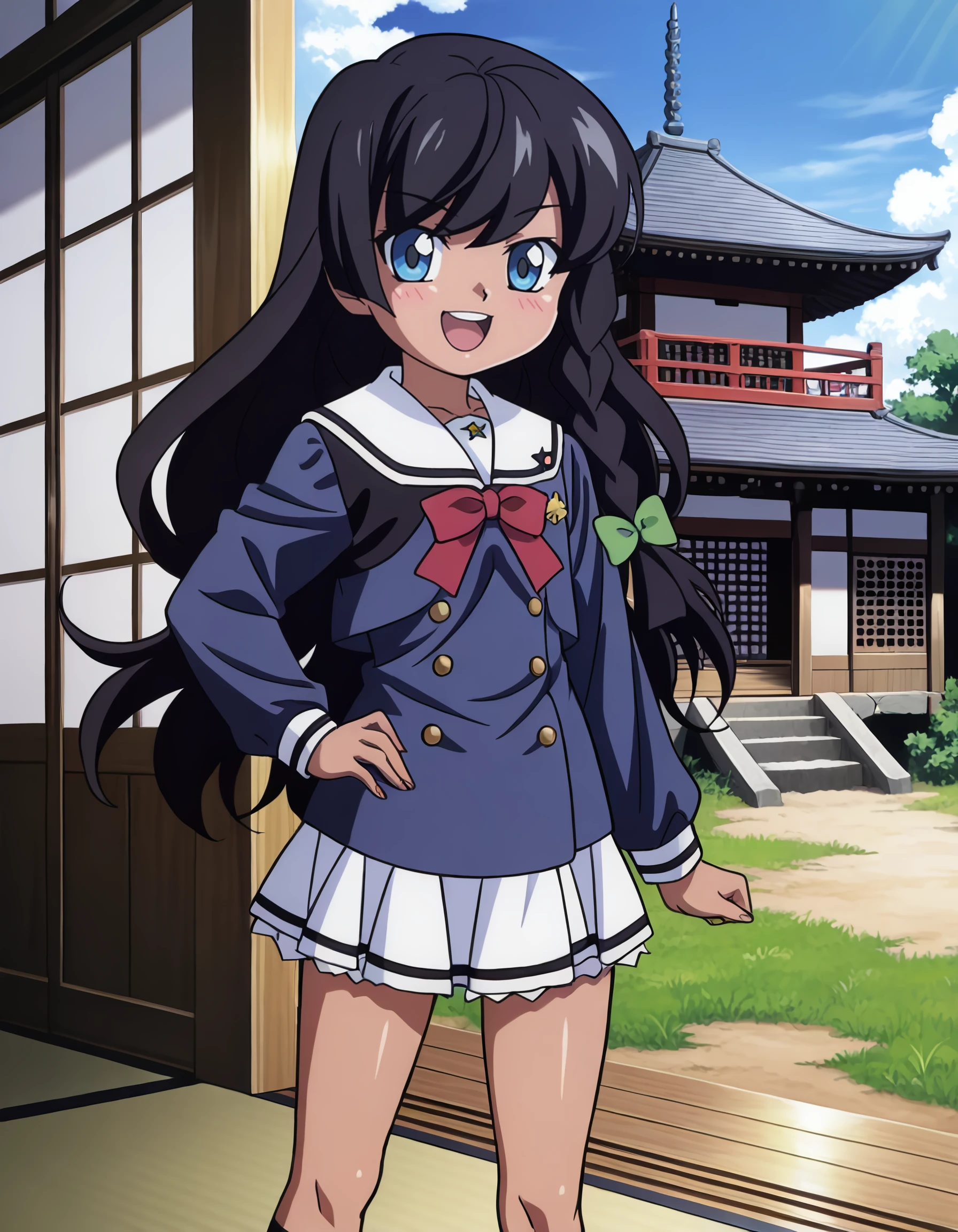 <lora:taiga_sengoku_IL:1> rating:safe, taiga_sengoku, flat_chest, dark_skin, long_hair, black_hair, single_braid, green_bow, hair_bow, blue_eyes, school_uniform, white_sailor_collar, blue_jacket, long_sleeves, red_bow, pleated_skirt, white_skirt, black_socks, black_footwear, 1girl, architecture, blue_loincloth, blue_sky, blush, bright_pupils, day, east_asian_architecture, feet_out_of_frame, grass, hand_on_own_hip, loincloth, looking_at_viewer, ninja, open_mouth, outdoors, pagoda, round_teeth, shouji, shuriken, sky, sliding_doors, smile, solo, standing, teeth, upper_teeth_only, weapon, white_pupils, (takahashi_rumiko_\(style\):1.2), (1990s_\(style\)),, masterpiece, detailed, best_quality