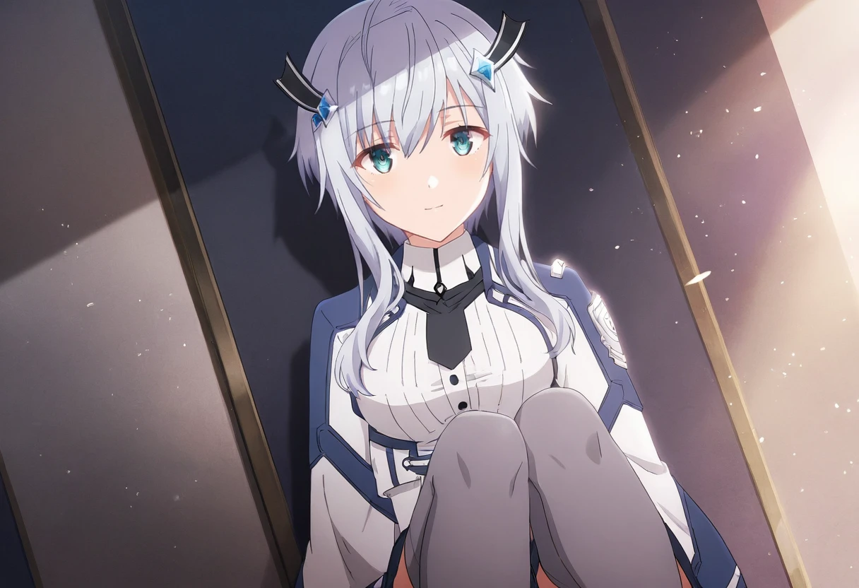 MishaNecron, 1girl, short hair with long locks, hair ornament, sidelocks, grey hair, grey thighhighs, white dress, uniform, <lora:MishaNecron-4-4-Illustrious:0.85>, looking at viewer, light particles, light smile