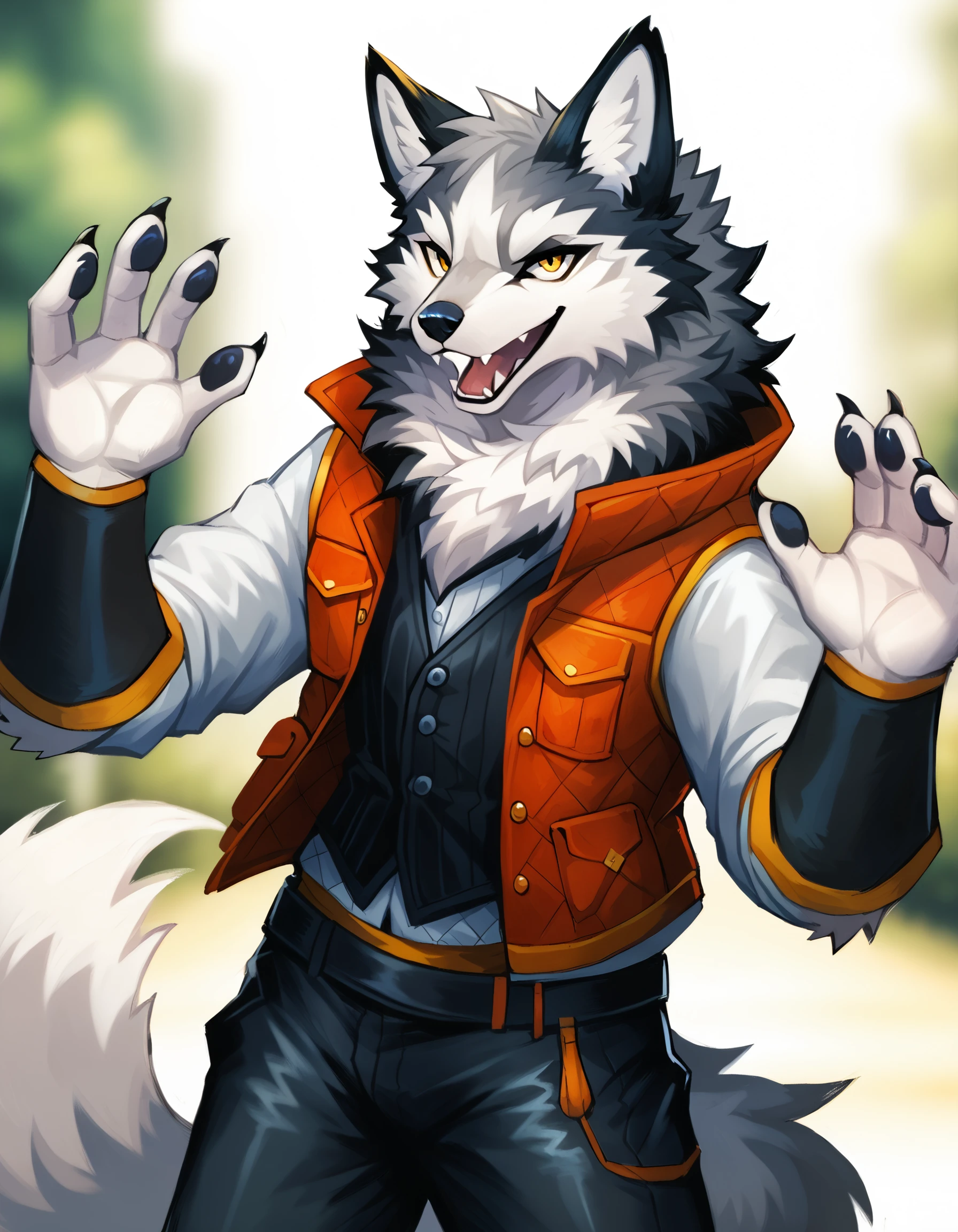 score_9, score_8_up, score_7_up, high quality, hires, by plive, furry, anthro, seductive, looking at viewer, detailed background, <lora:Plive_Artist_Style.safetensors:1.2>, (close up, solo, anthro, furry, 1boy, mammal, animal ears, male focus, looking at viewer, blurry background, tail, fur, blurry, clothing, furry male, open mouth, hi res, yellow eyes, tuft, white fur, grey fur, hand up, canid, body fur, fangs, glistening, black pants, vest, pants, fang, hands up, wolf ears, standing, black fur, cowboy shot, wolf boy, wolf tail, claws, animal nose:1.15)