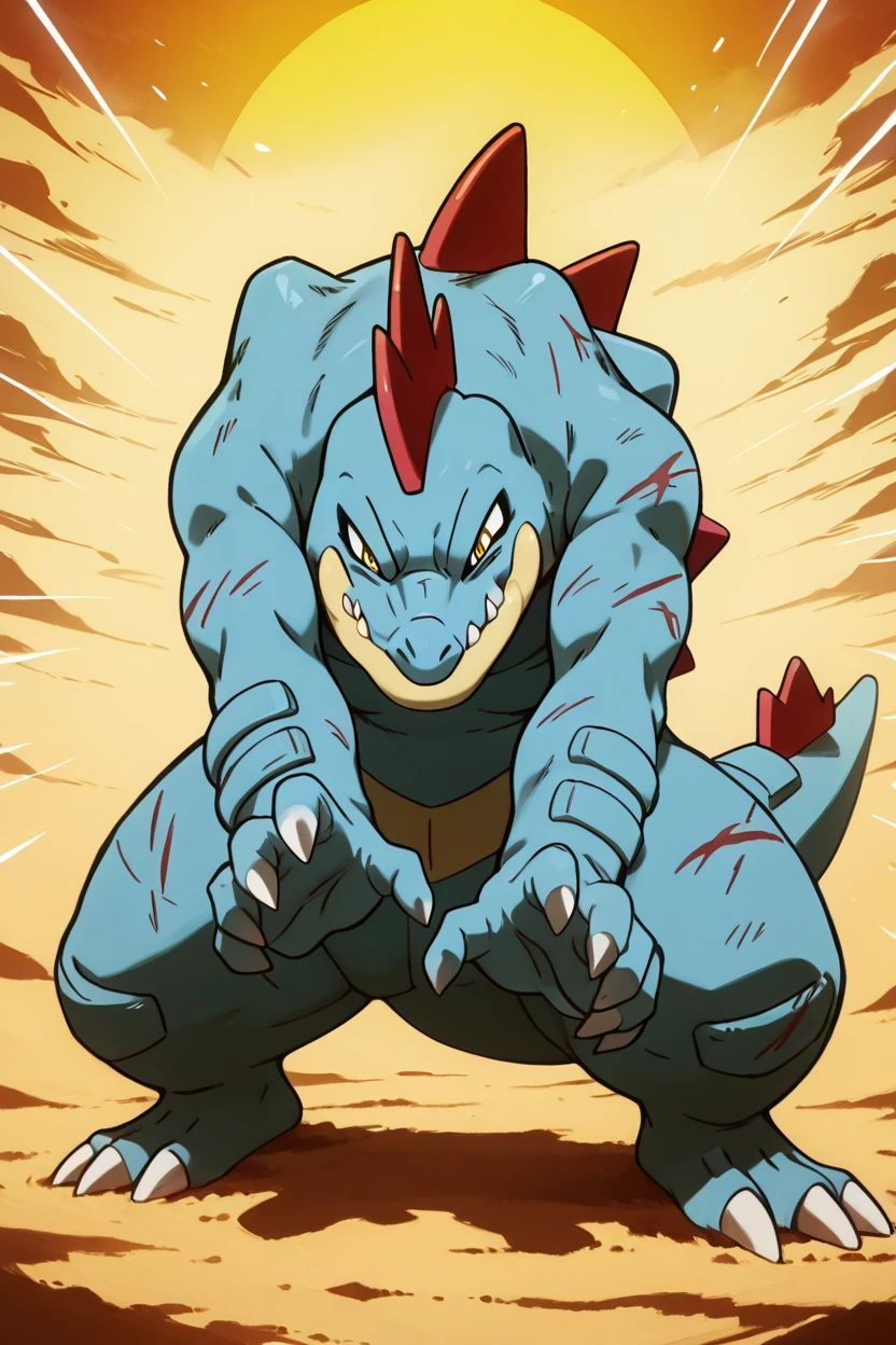 masterpiece, best quality, 32k, high resolution, absurdres,  zzferaligatr, claws, yellow eyes, sharp teeth, standing in a vast desert wasteland, sand whipping through the air, cracked and dry earth stretching to the horizon, sun setting behind its silhouette, battle scars visible on its tough skin, fierce and resilient,  (sandstorm, wind),  (dynamic pose, incoming attack, foreshortening, dynamism, motions lines, yellow aura, serious),  ,<lora:FeraligatrPokedexIXL:1.0>,  <lora:DBSBroly_Style_IXL_v2:0.8> <lora:IckpotIXL_v1:0.6>,