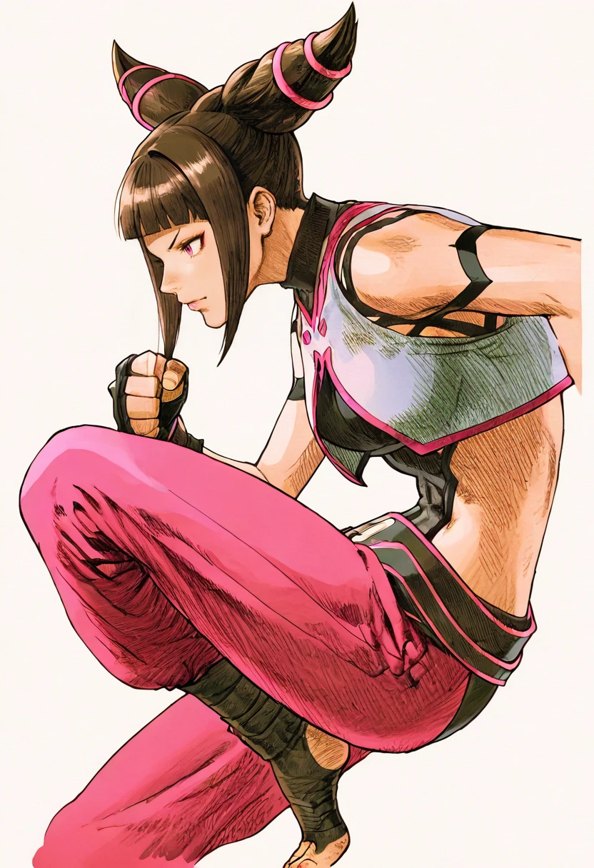 mvc2 style, hatching (texture), portrait, cowboy shot, white background, 1girl, han juri, fighting stance, one leg up, foot wraps, from side, profile, leaning back, clenched hands<lora:Marvel_vs._Capcom_2_New_Age_of_Heroes_Style:1>, masterpiece, best_quality, absurdres, perfect quality, high quality,