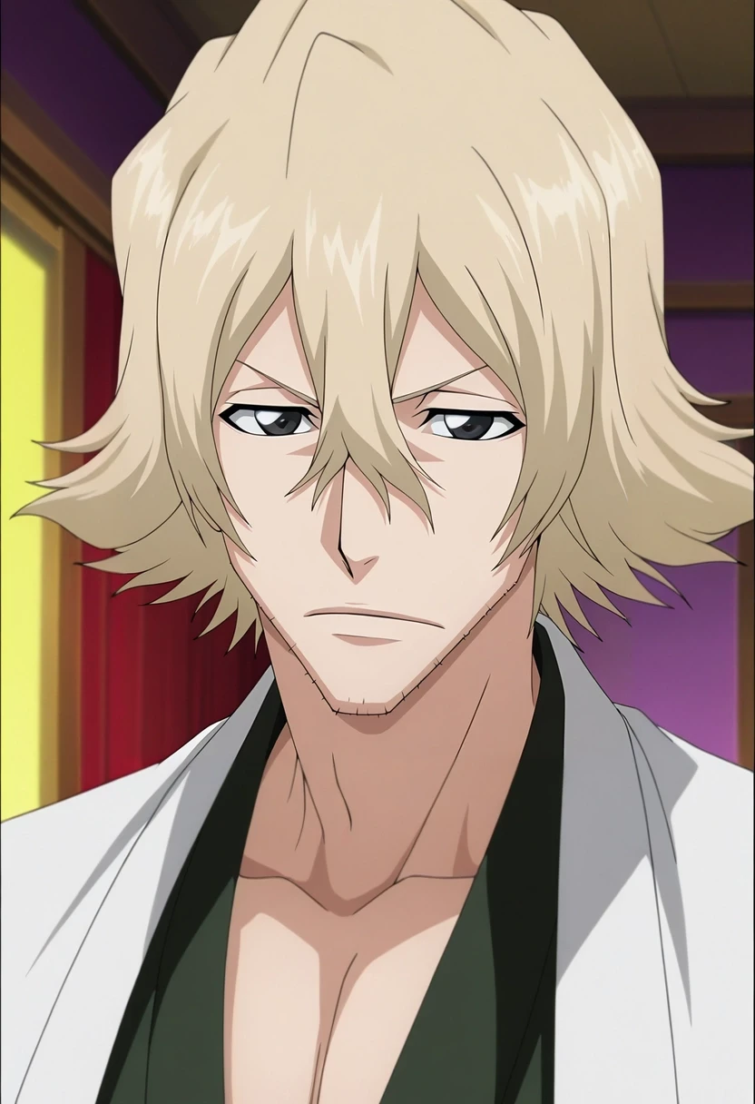 masterpiece, best quality, intricate details, anime screencap, anime coloring, official style, , 1boy, solo, male focus, <lora:kisuke_urahara_ilxl:0.92>, kisuke_urahara, blonde hair, black eyes, short hair, hair between eyes, facial hair, stubble, , ,