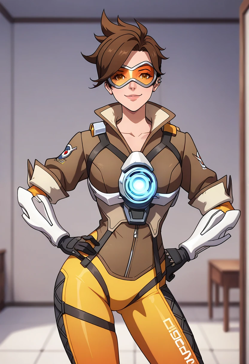 masterpiece, best quality, amazing quality, very aesthetic, intricate details, depth of field, cel shading, pinup, BREAK.
indoors, inside,
(looking at viewer:1.3), smug,
BREAK.
standing, contrapposto, hands on own hips,
portrait, cowboy shot, front view, facing viewer, straight-on,
BREAK.
tracer \(overwatch\), 1girl, solo, yellow eyes, brown hair, asymmetrical hair, ear piercing, goggles, orange visor, BREAK.,
<lora:Castlevania(Netflix)_ILXL_Style_v1:1>