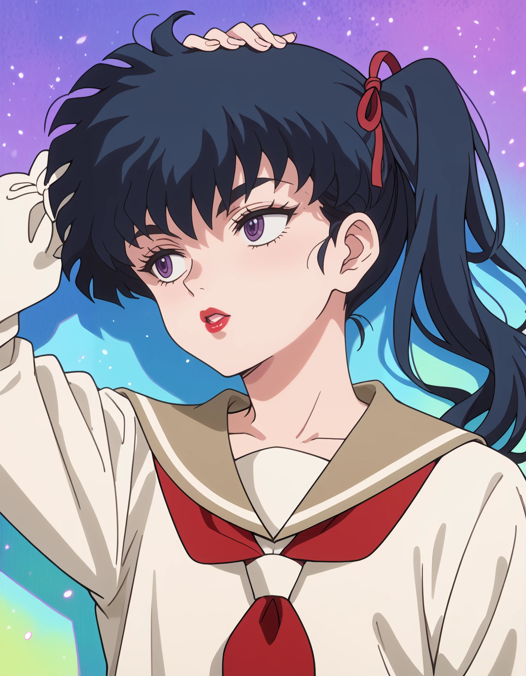 <lora:kodachi_kunou_pony:1> score_9, score_8_up, score_7_up, source_anime, rating:safe, kodachi_kunou, long_hair, black_hair, side_ponytail, hair_ribbon, purple_eyes, makeup, lipstick, red_lips, school_uniform, , white_shirt, brown_skirt, long_sleeves, red_neckerchief, 1girl, blue_background, collarbone, completely_nude, eyelashes, gradient_background, hand_on_own_head, looking_afar, looking_up, lying, nose, nude, on_back, parted_lips, pink_lips, purple_background, solo, thick_eyebrows, turning_head,, backlighting, depth_of_field, light_particles, (1990s_\(style\), masterpiece, detailed, best_quality