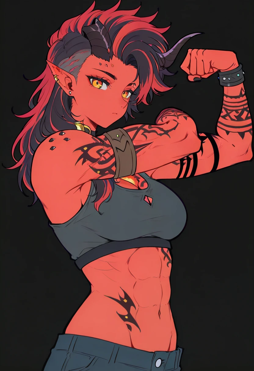 1girl,solo, reia 76, karlach, horns, red skin, pointy ears, earrings, jewelry, multicolored hair, red hair, two-tone hair, orange eyes, flexing,