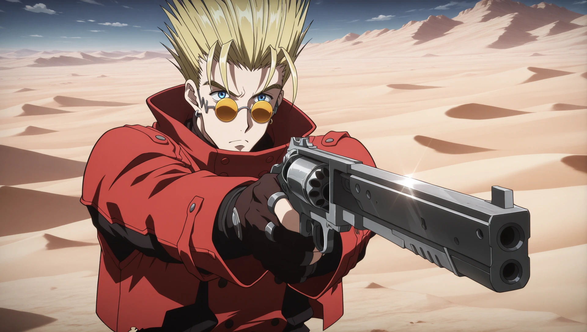 (attentive:1.2), masterpiece,best quality,amazing quality,very aesthetic,absurdres,newest,<lora:dark:1>, <lora:Vash_the_Stampede_Trigun:1>, solo, 1boy, mature_male, vash, yellow hair, anime style, gun, red cape, serious, desert, yellow round glasses,