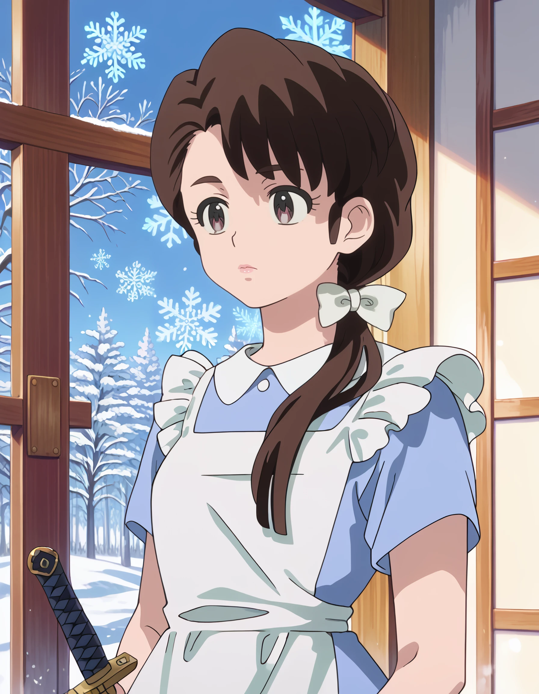 <lora:kasumi_tendou_pony:1> score_9, score_8_up, score_7_up, source_anime, rating:safe, kasumi_tendou, long_hair, brown_hair, ponytail, low_ponytail, white_bow, hair_bow, brown_eyes, short_sleeves, blue_dress, white_apron, 1girl, armor, blue_background, bracer, breastplate, closed_mouth, cowboy_shot, expressionless, holding, holding_sword, holding_weapon, lipstick, makeup, pink_lips, realistic, shoulder_blades, snowflakes, solo, sword, thick_eyebrows, tiara, weapon, white_tiara, (milkpanda:1.0), (2000s_\(style\)),, masterpiece, detailed, best_quality