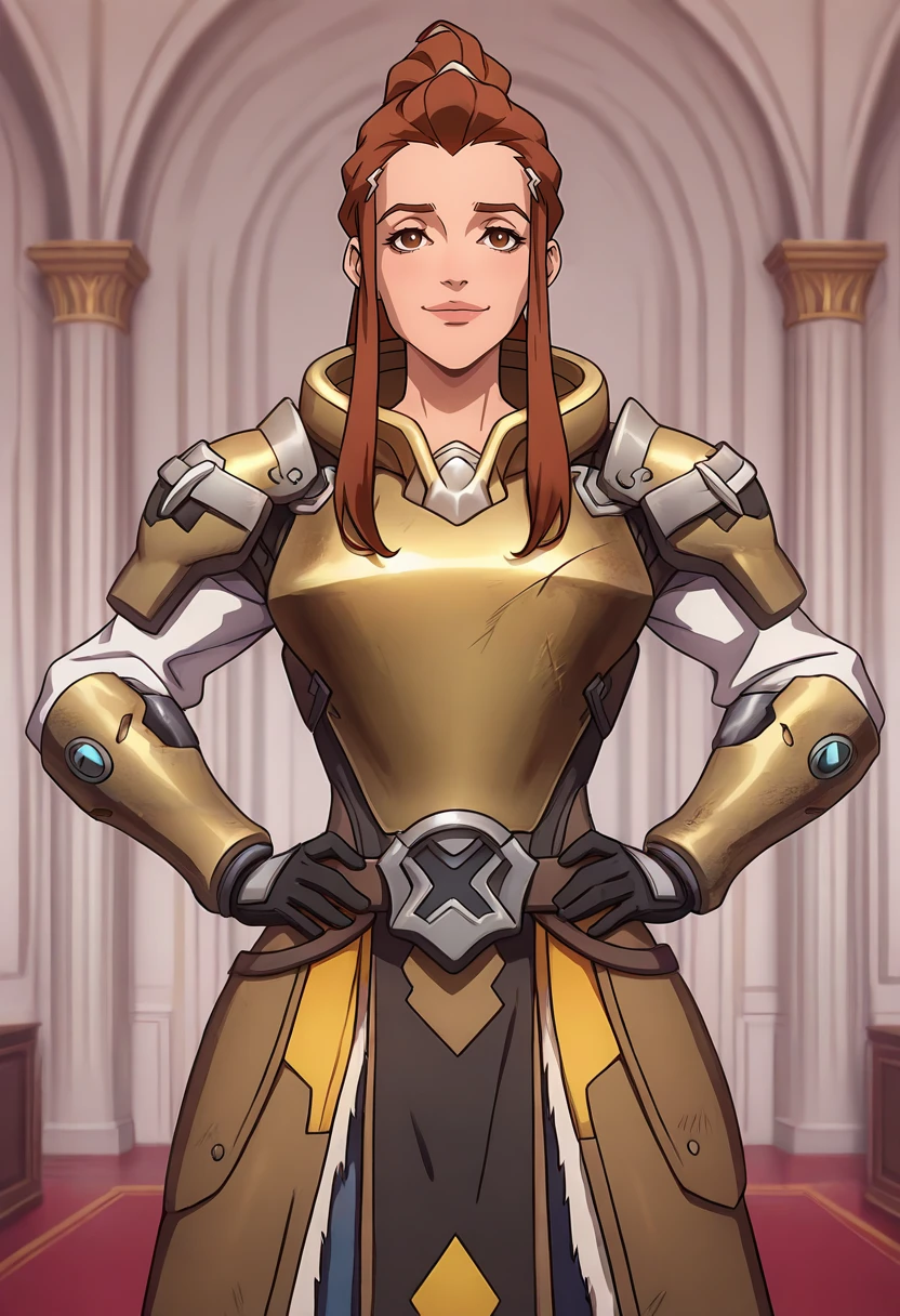 masterpiece, best quality, amazing quality, very aesthetic, intricate details, depth of field, cel shading, pinup, BREAK.
indoors, inside,
(looking at viewer:1.3), smug,
BREAK.
standing, contrapposto, hands on own hips,
portrait, cowboy shot, front view, facing viewer, straight-on,
BREAK.
armor,
brigitte \(overwatch\), 1girl, solo, brown eyes, brown hair, long hair, ponytail, sidelocks, forehead, toned, BREAK.
<lora:Castlevania(Netflix)_ILXL_Style_v1:1>