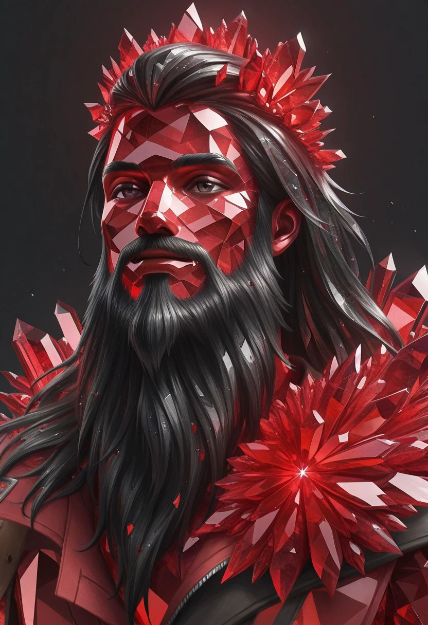 masterpiece, best quality, newest, absurdres, highres,  anime, anime style, 1boy, Overgrownwithcrystal-IL.V1.0, crystal, CrystalThemed-IL.V1.0, crystal hair, beard, facial hair, crystal beard, ruby, red crystal, crystal skin, made of crystal,