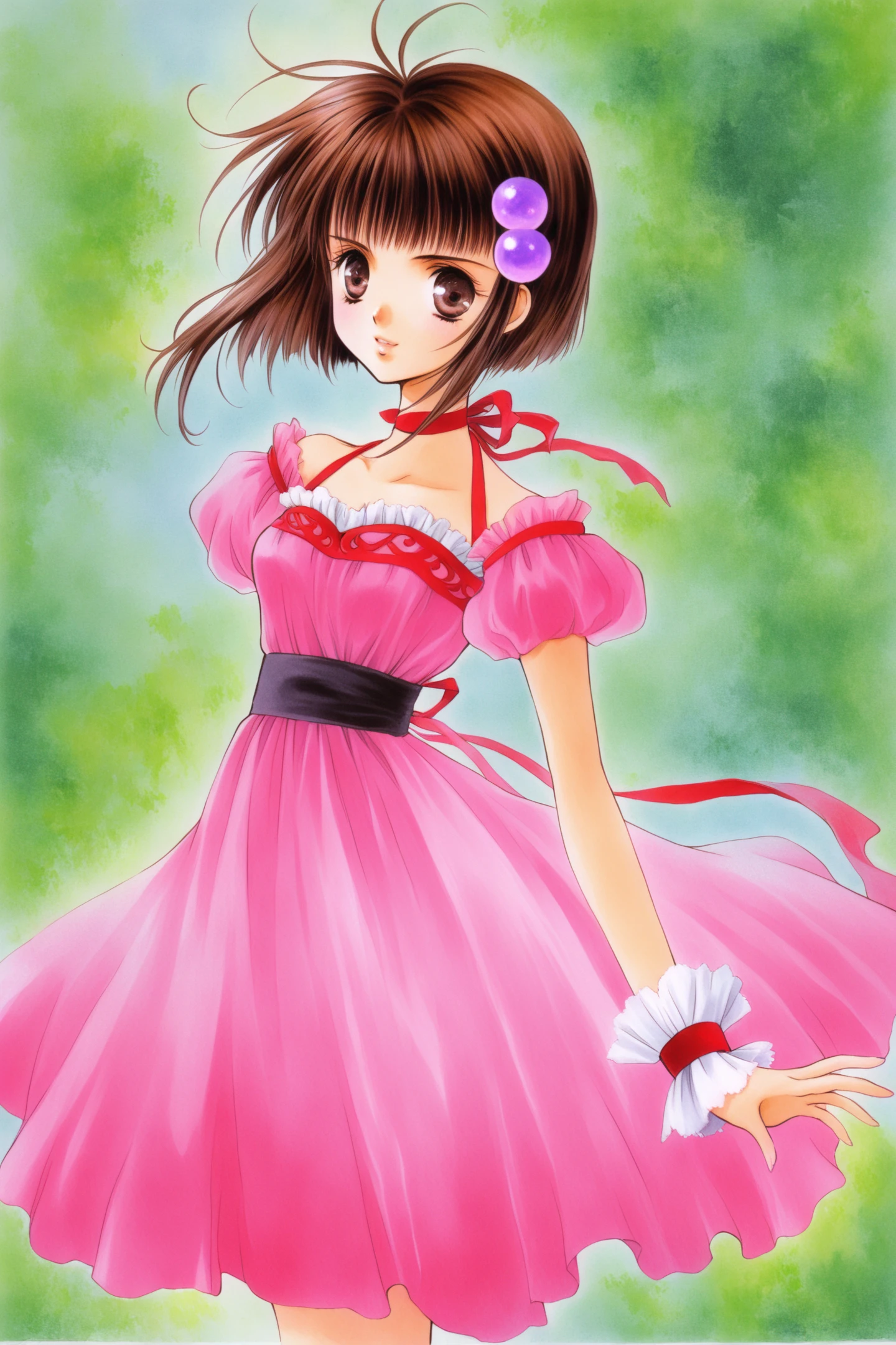 Reala(Tales of Destiny 2),1girl,solo,brown hair,short hair,brown eyes,very short hair,dress,choker,red choker,hair ornament,wrist cuffs,traditional media,pink dress,watercolor (medium),
<lora:Inomata Mutsumi_illustriousXL:0.8>,