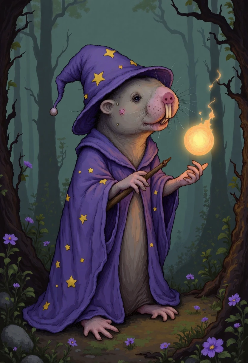 in the style of ppWhimsy, A m0l3r4t mole-rat dressed as a wizard, holding a tiny wand, casting a spell that creates a glowing orb of light, with a mystical forest in the background.